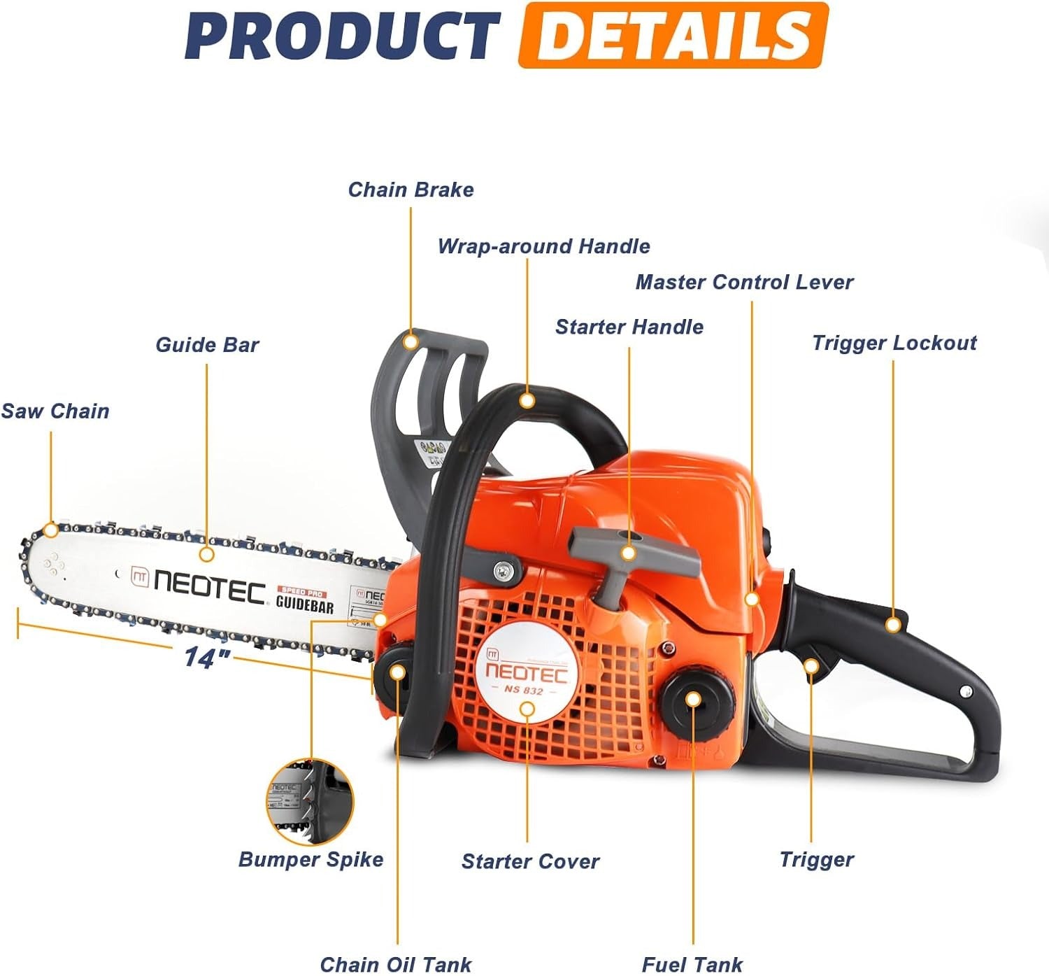 NEOTEC Gas Chainsaw NS832 professional 31.8cc chainsaw with 24-inch bar