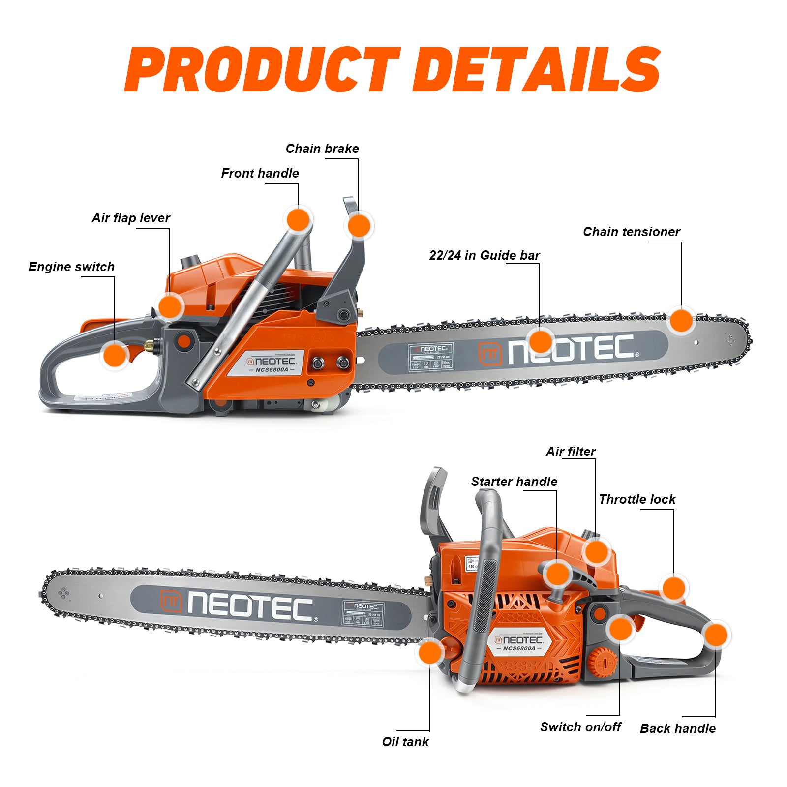NEOTEC NCS6800A ProSeries Chainsaw 22" 24“ Guide Bar Versatile Cutting