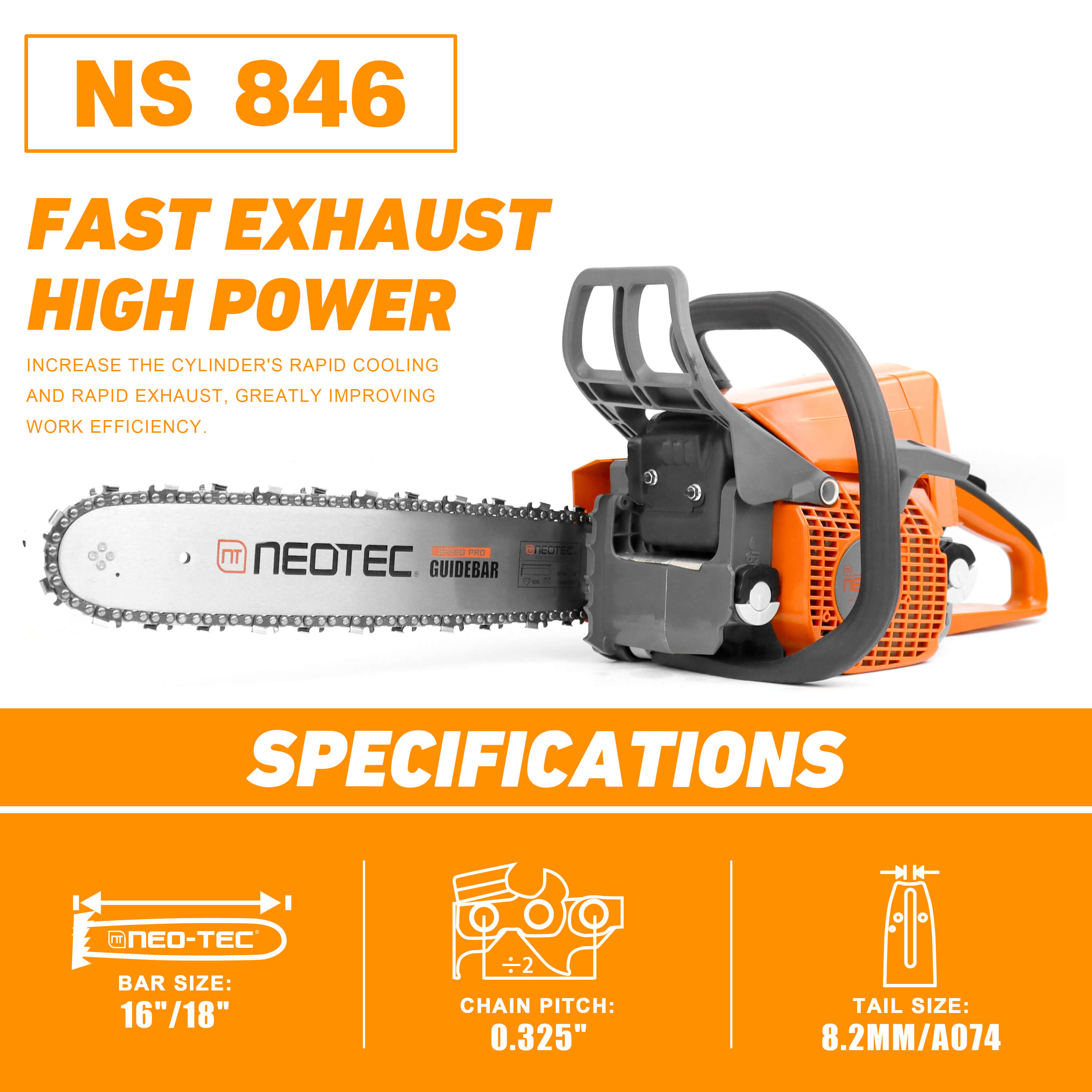 Neo-tec NS846 45cc Gas Chainsaw with 16 inch Chainsaw Bar and Chain
