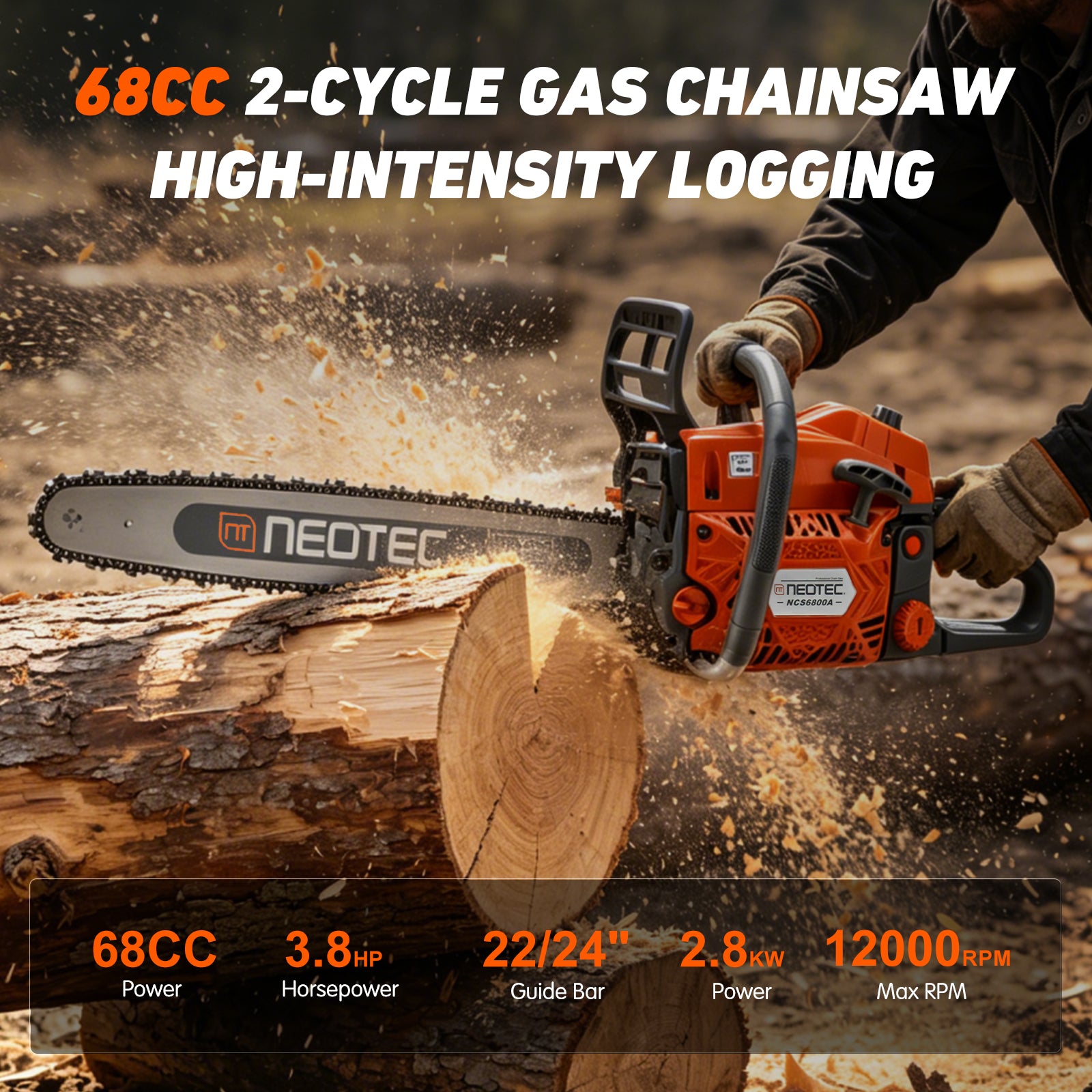 NEOTEC NCS6800A ProSeries Chainsaw 22" 24“ Guide Bar Versatile Cutting