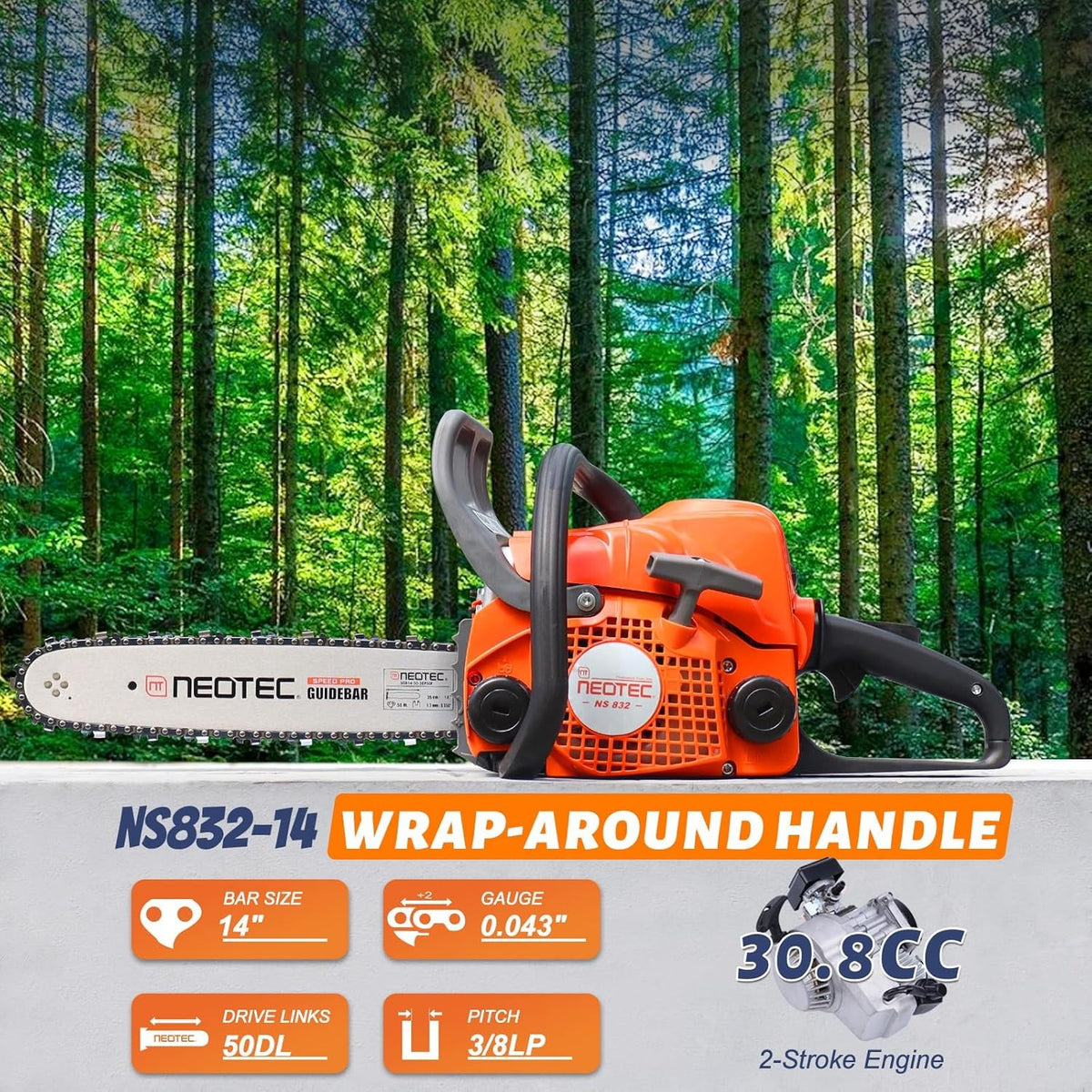 NEOTEC NS832 14 Inch Gas Chainsaw, 31.8cc Portable Chainsaw US