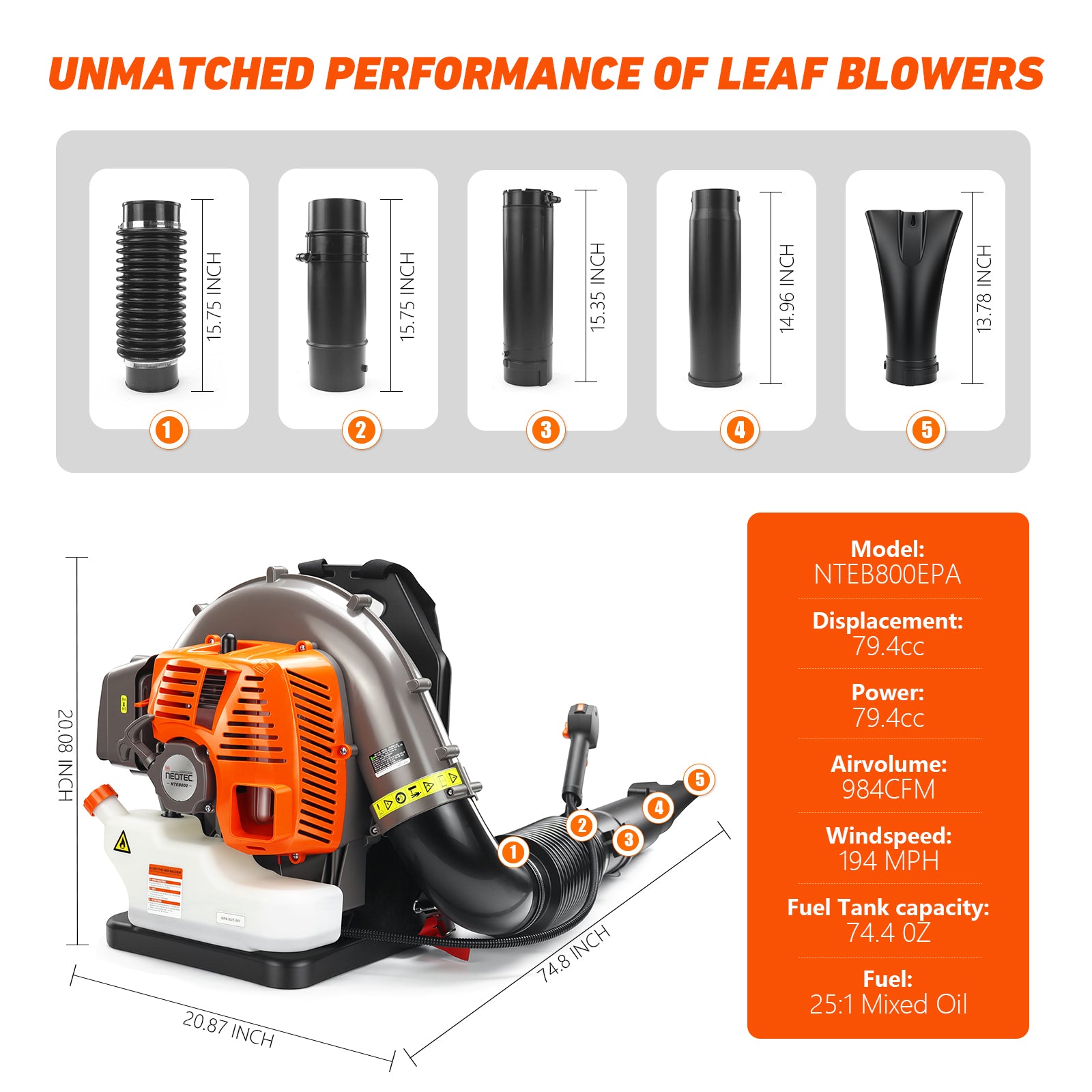 Gas Backpack Leaf Blower 79.4cc 2-Stroke, 984CFM 194MPH Anti-Vibration for Wet Leaves, Yard & Snow Cleanup