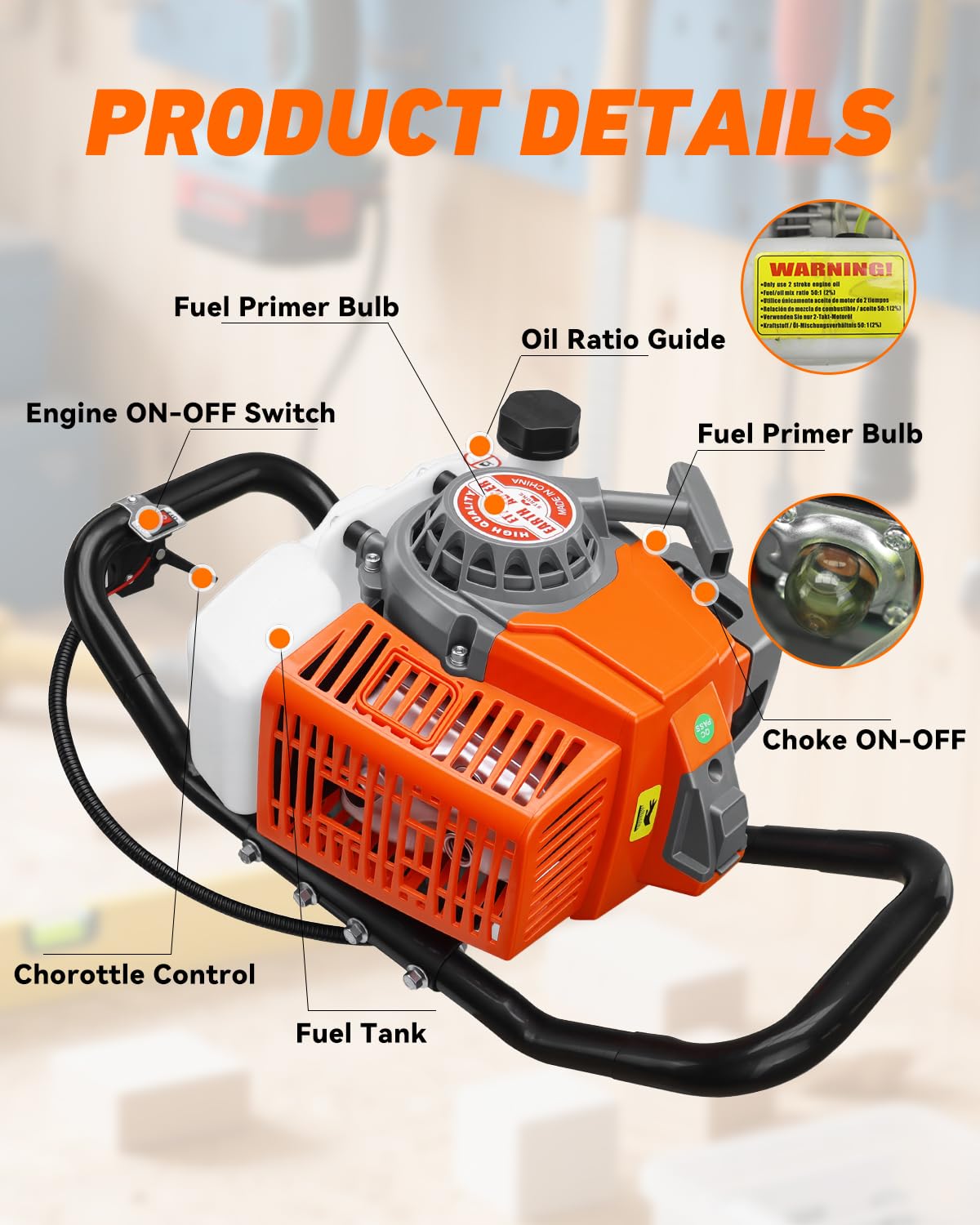 ET720 72CC 2-Stroke Gas Powered Earth Auger Post Fence Hole Digger Powerhead, Petrol Drill Borer for Garden & Lawn