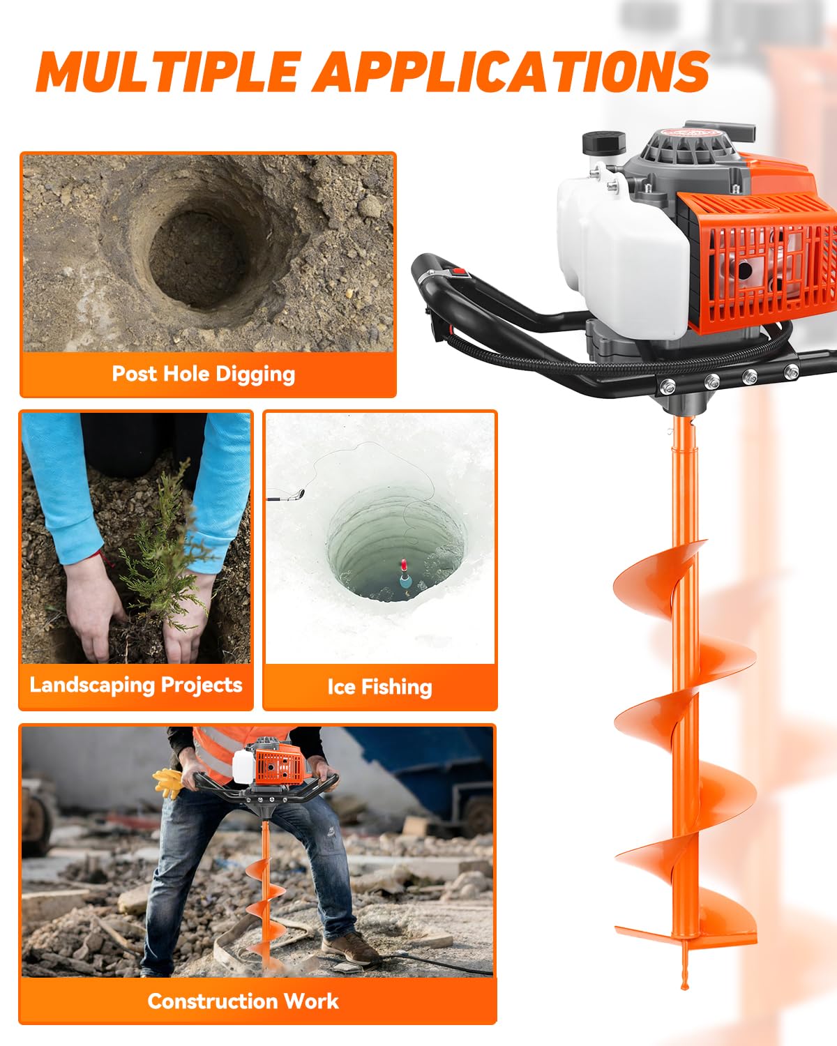 ET720 72CC 2-Stroke Gas Powered Earth Auger Post Fence Hole Digger Powerhead, Petrol Drill Borer for Garden & Lawn