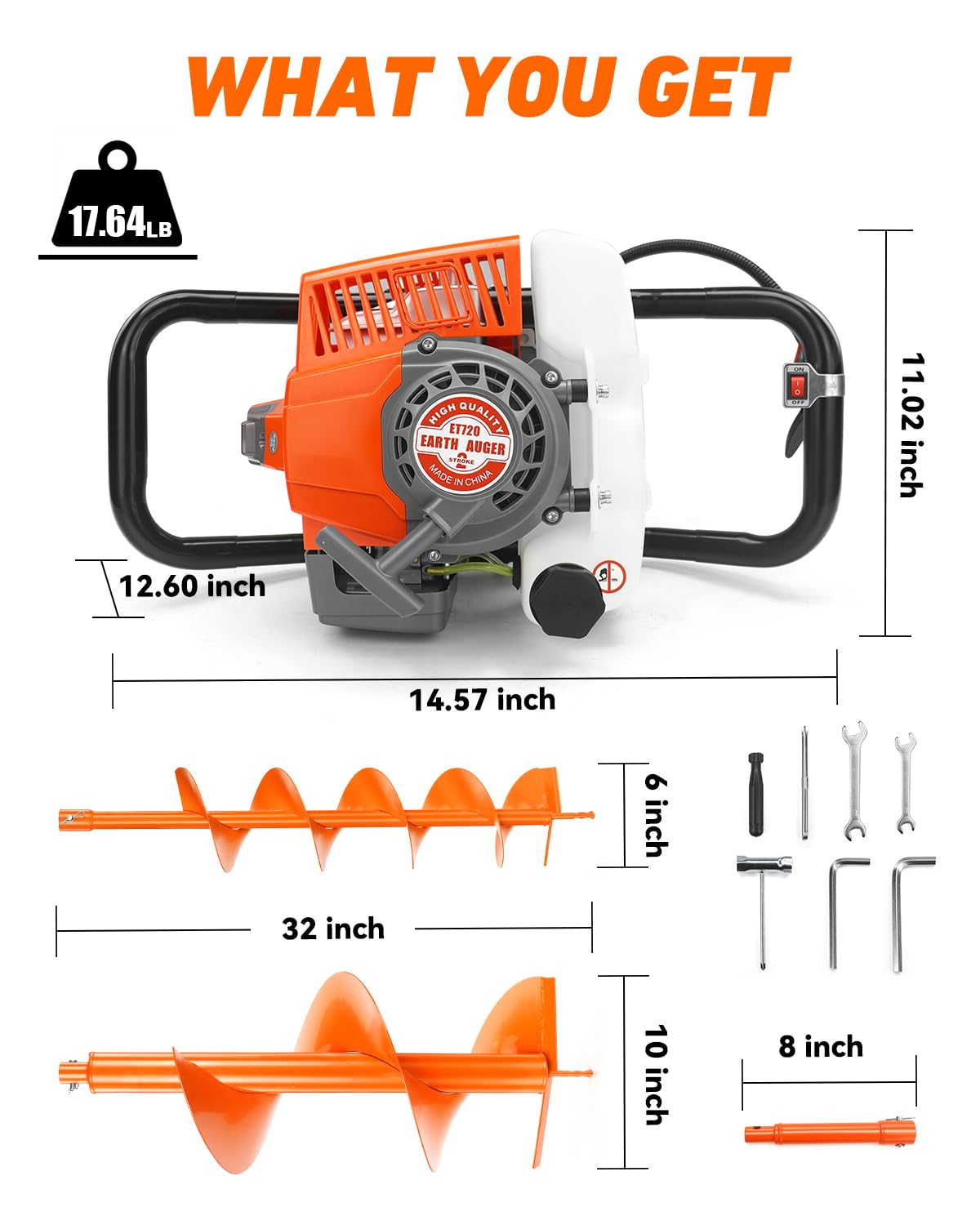 ET720 72CC 2-Stroke Gas Powered Earth Auger Post Fence Hole Digger Powerhead, Petrol Drill Borer for Garden & Lawn
