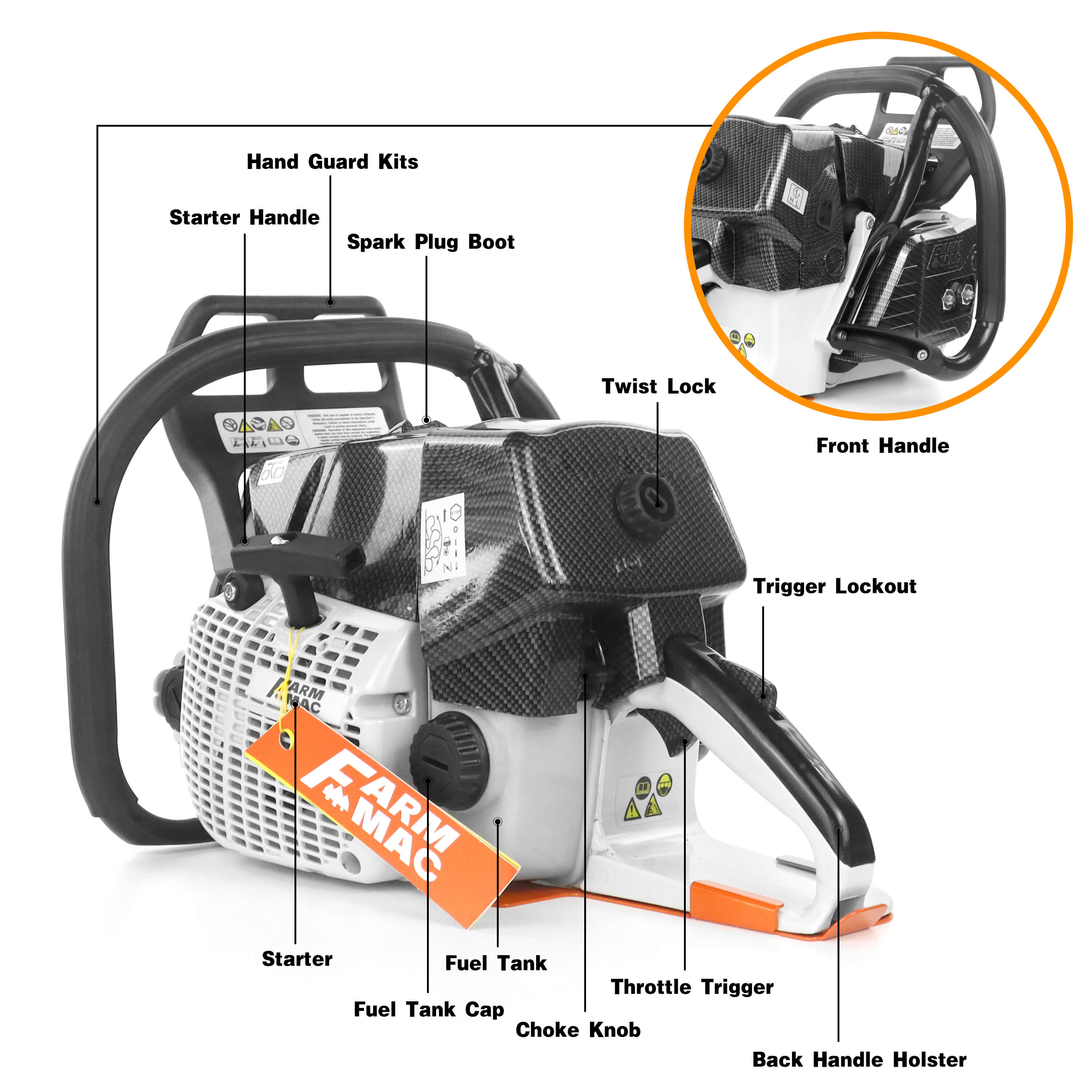 FARMMAC Gas Chainsaw F660VW 92cc chainsaw decibel rating for neighborhoods.