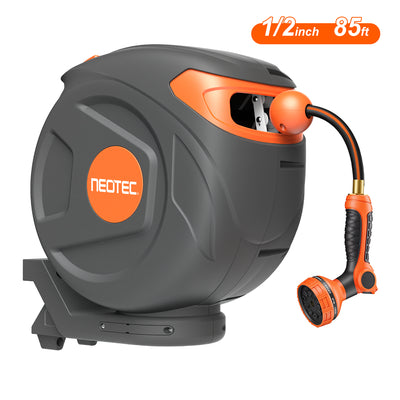 NEOTEC Retractable Garden Hose Reel 1/2 inch x 85ft 9 Pattern Nozzle Wall-Mounted Any Length Lock Automatic Return G251225