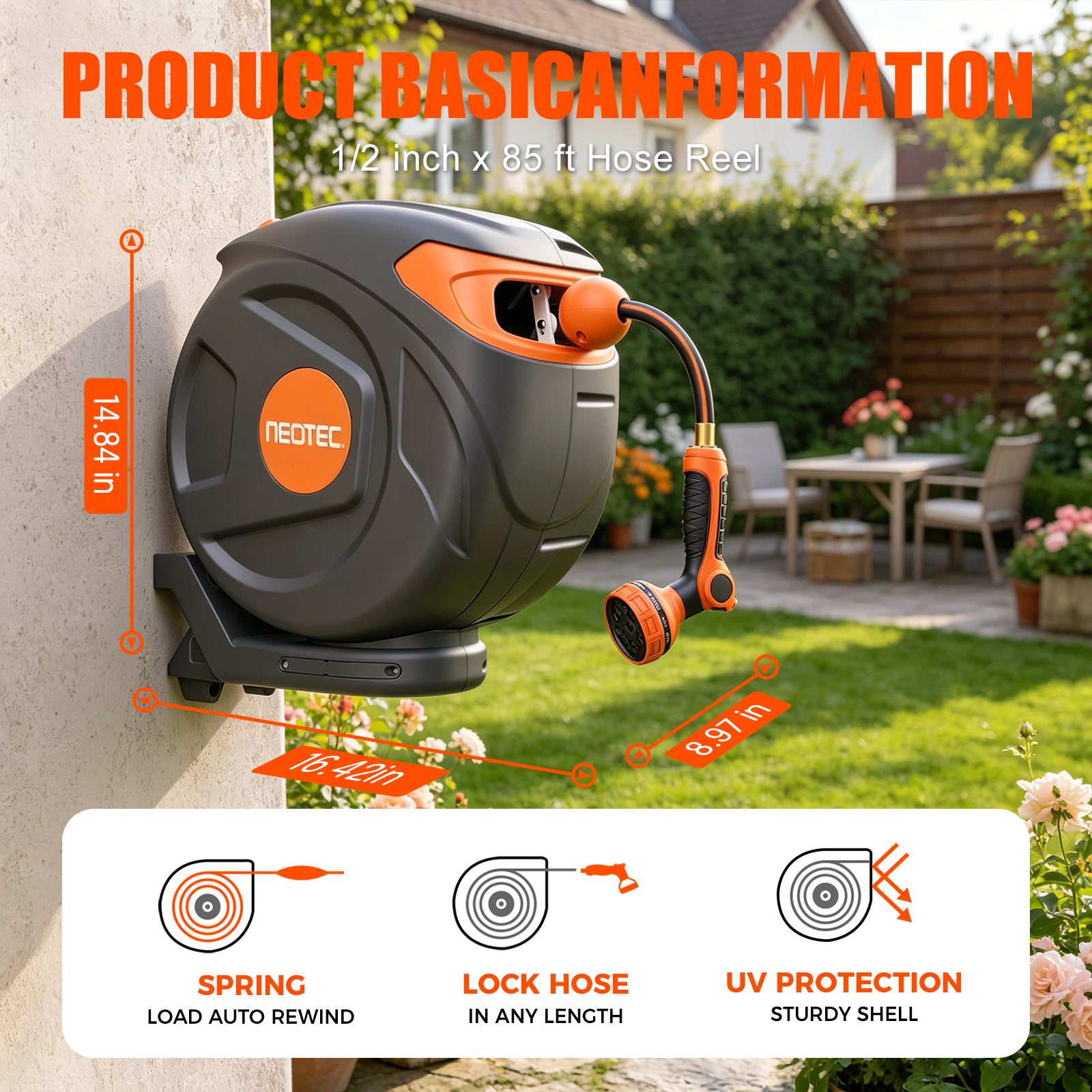 NEOTEC Retractable Garden Hose Reel 1/2 inch x 85ft 9 Pattern Nozzle Wall-Mounted Any Length Lock Automatic Return G251225