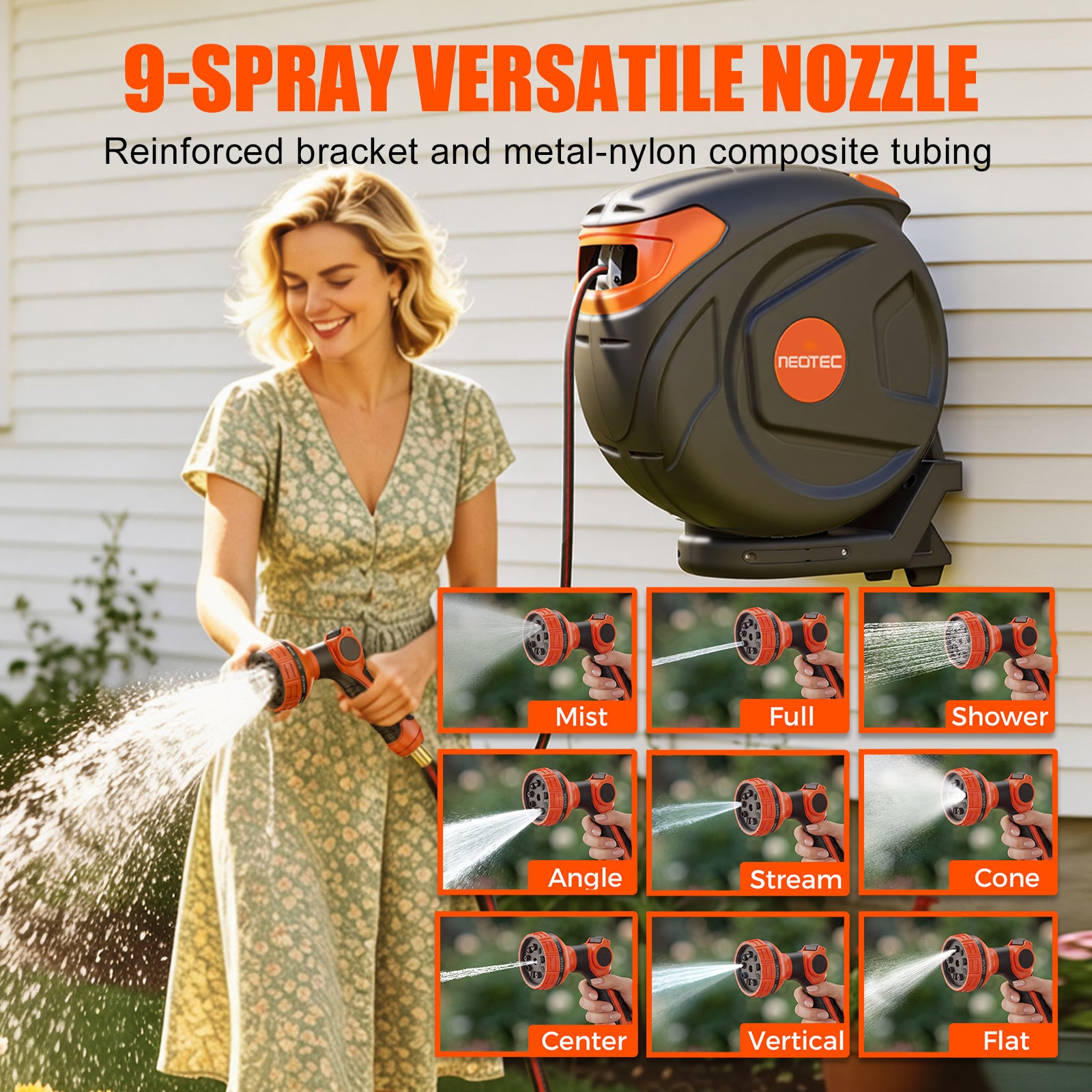 NEOTEC Retractable Garden Hose Reel 1/2 inch x 85ft 9 Pattern Nozzle Wall-Mounted Any Length Lock Automatic Return G251225