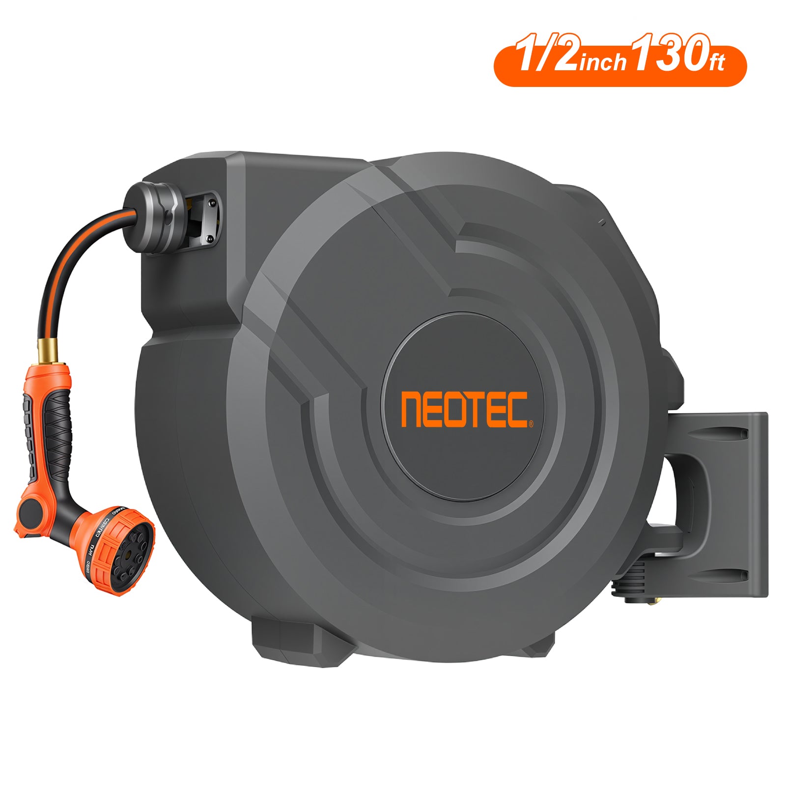 Upgraded Retractable Garden Hose Reel 1/2 inch x 130 ft Any Length Lock 9 Pattern Nozzle G401240A