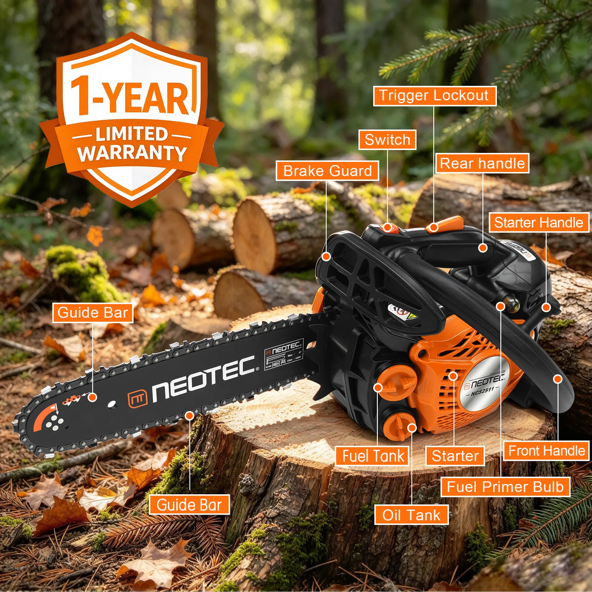 [7-Day Pre-Order]NEOTEC NCS2511 25cc 12" Top Handle Easy Maneuverability Gas Chainsaw