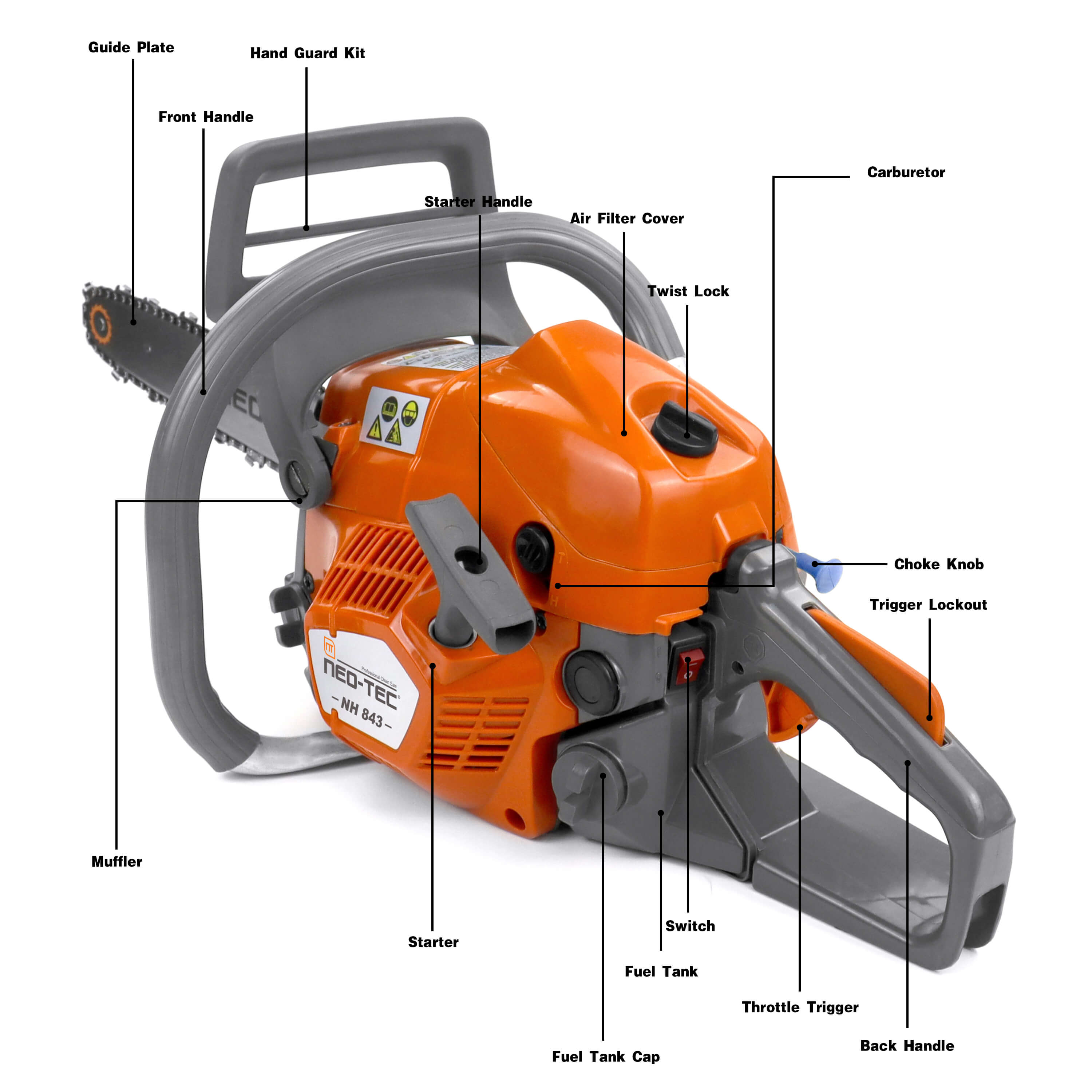 NEOTEC Gas Chainsaw NH843 43cc logging chainsaw with anti-vibration handle