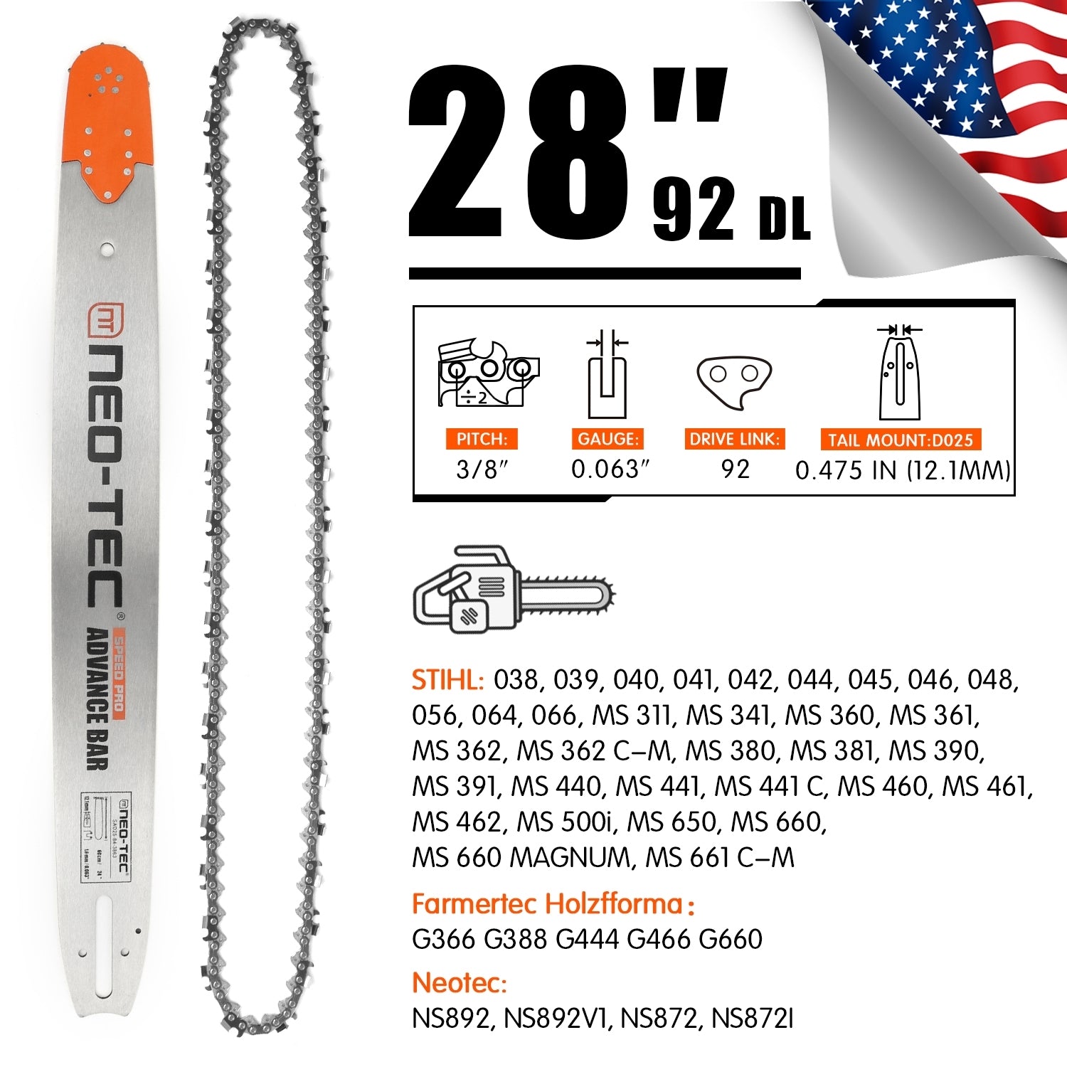 Neotec Chainsaw Bar and Chain Combo Fit STD 3/8“ 0.063” 25/28/36/42in U.S. STOCK
