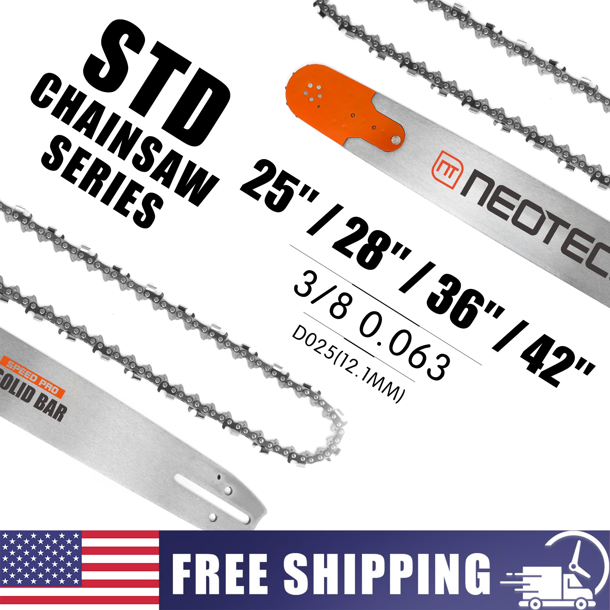 Neotec Chainsaw Bar and Chain Combo Fit STD 3/8“ 0.063” 25/28/36/42in U.S. STOCK