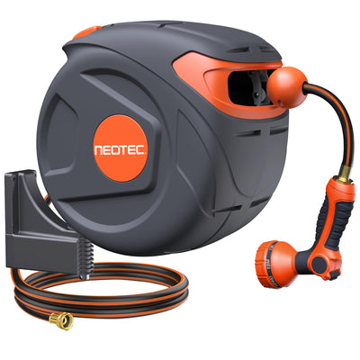 NEOTEC New Retractable Garden Hose Reel 65ft 1/2 Inch Wall Mount 180° Swivel with 9 Pattern Nozzle G201220