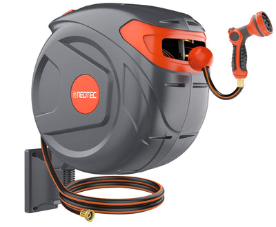 NEOTEC Retractable Garden Hose Reel 1/2 inch x 100ft - Wall Mounted Heavy Duty Hose Reel with 3/4 Inch Brass Fittings & 9-Pattern Nozzle - Auto Rewind System, Any Length Lock, 180° Swivel Bracket G30A1230