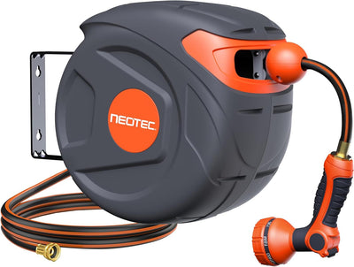 NEO-TEC 50ft 1/2 Inch Retractable Garden Hose Reel, 180° Swivel Wall Mount with 9 Pattern Nozzle G151215
