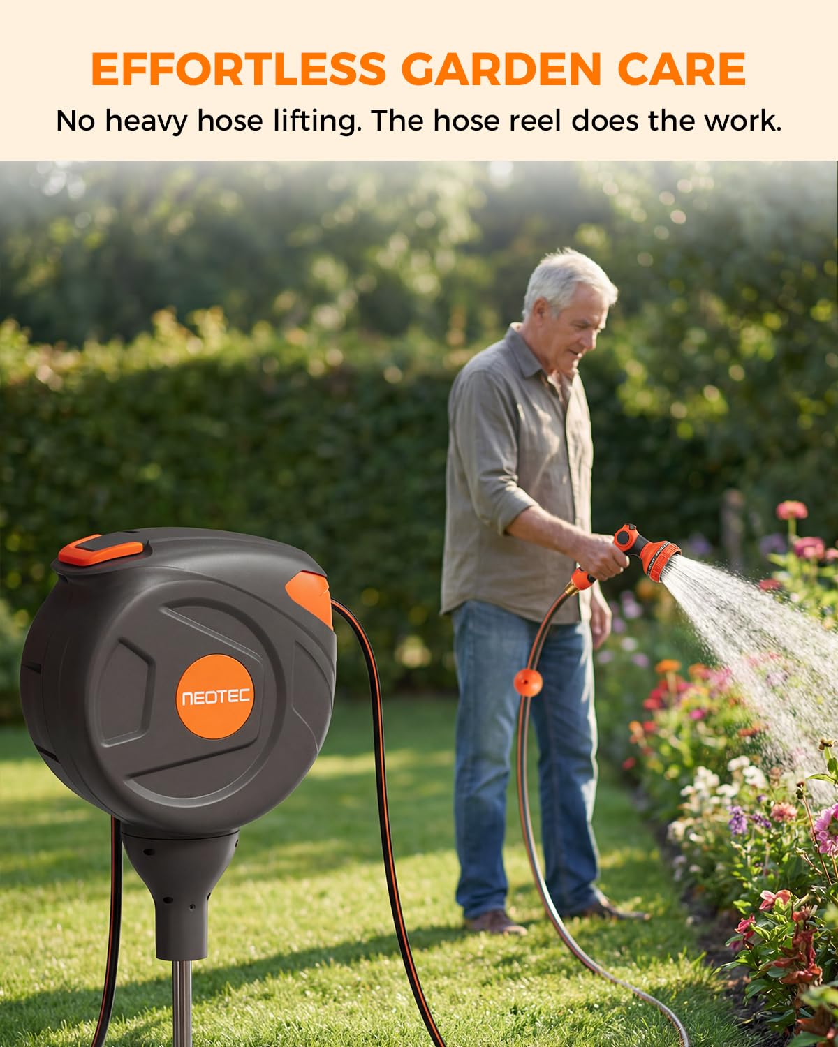 NEOTEC Retractable Garden Hose Reel 50ft 5/8 Inch, Ground Mount No-Drill 360° Swivel G255815T