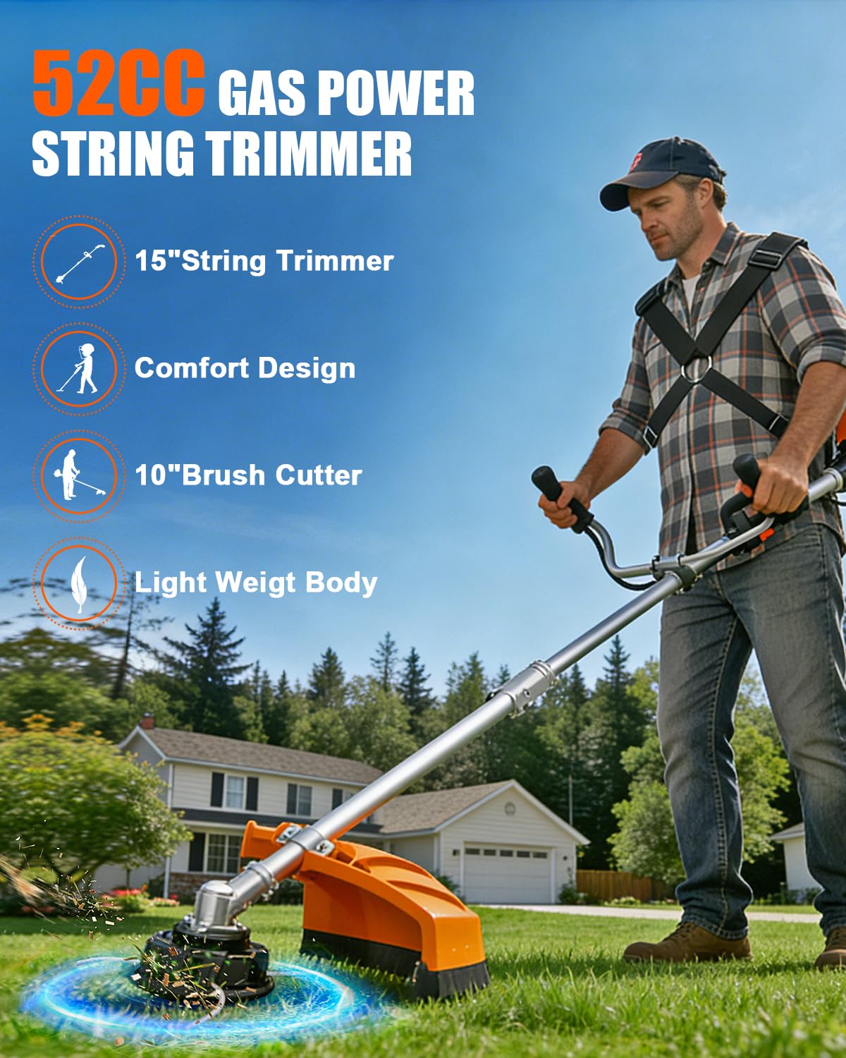NEO-TEC Gas-Weed-Wacker, 52CC Weed Eater Gas Powered, 2-Cycle Gas String Trimmers for Weeds and Grass BC520-2NT