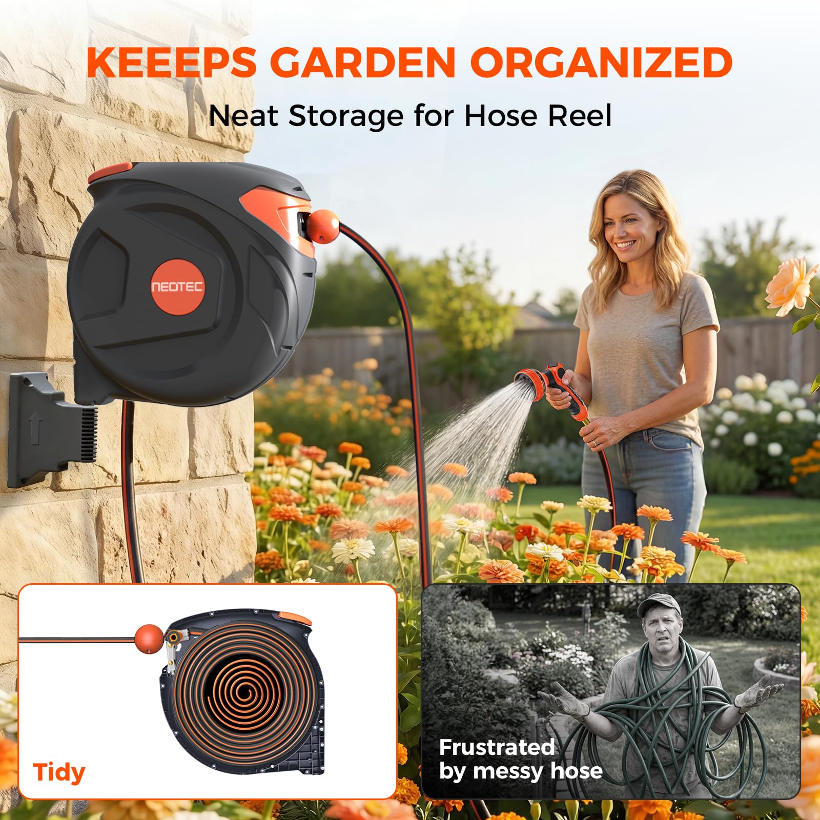 NEOTEC Retractable Garden Hose Reel 65ft 5/8 Inch, Wall Mount 180° Swivel with 9 Pattern Nozzle G30A5820