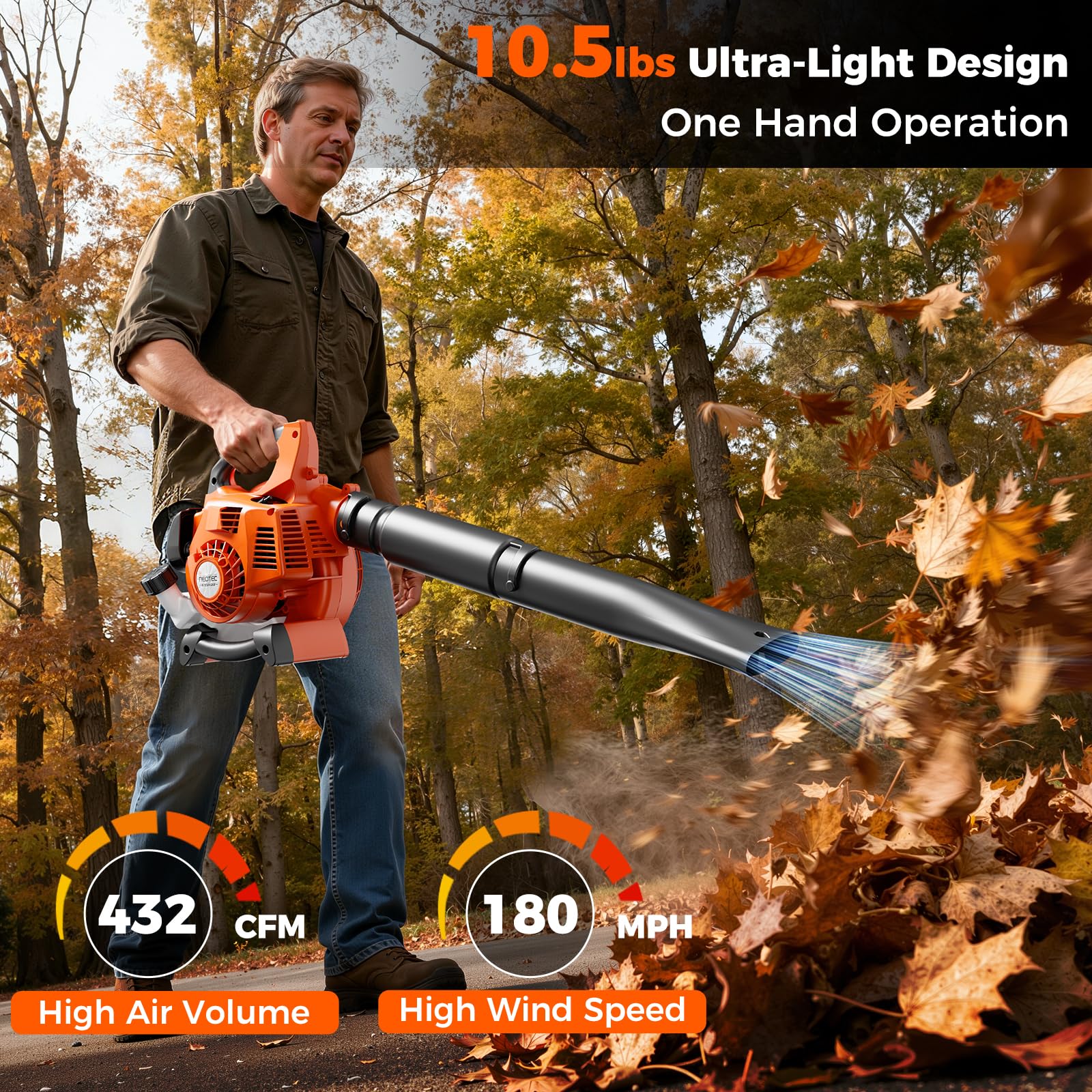 NEOTEC 3-in-1 Leaf Vacuum with Bag and Leaf Mulcher, Gas Leaf Blower – 25.4cc 180 MPH 432 CFM Handheld Blower