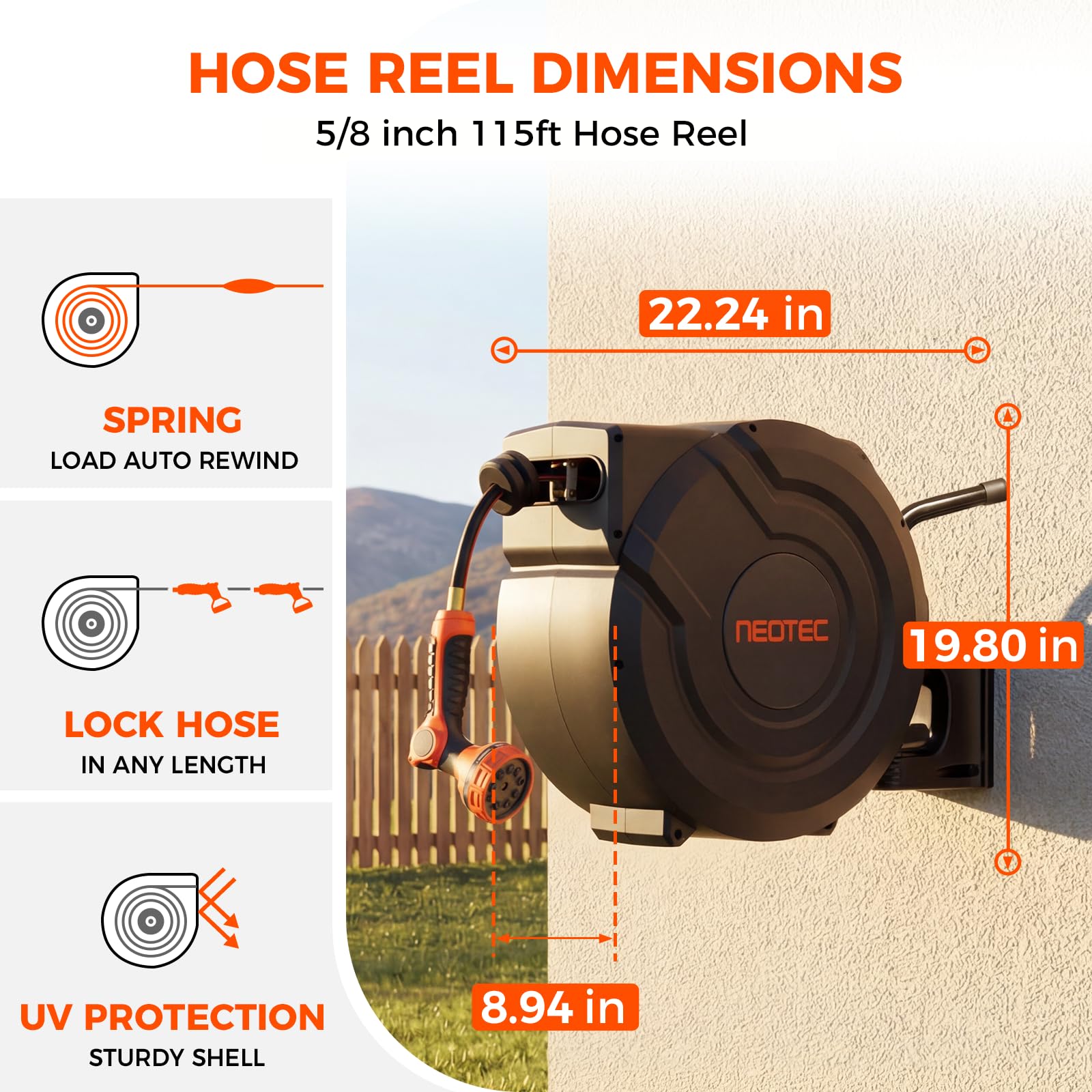 NEOTEC Retractable Garden Hose Reel 115ft 5/8 Inch Wall Mount 180° Swivel with 9 Sprayer Nozzle G505835