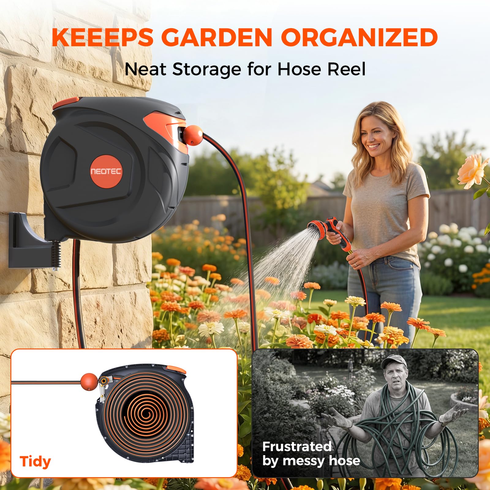 NEOTEC New Retractable Garden Hose Reel 65ft 1/2 Inch Wall Mount 180° Swivel with 9 Pattern Nozzle G201220