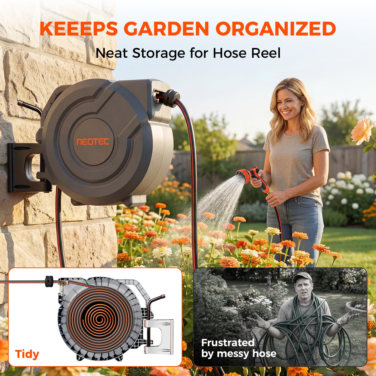 NEOTEC 155ft 1/2 Inch Retractable Garden Hose Reel, Heavy Duty UV Resistant Wall Mount G501250A