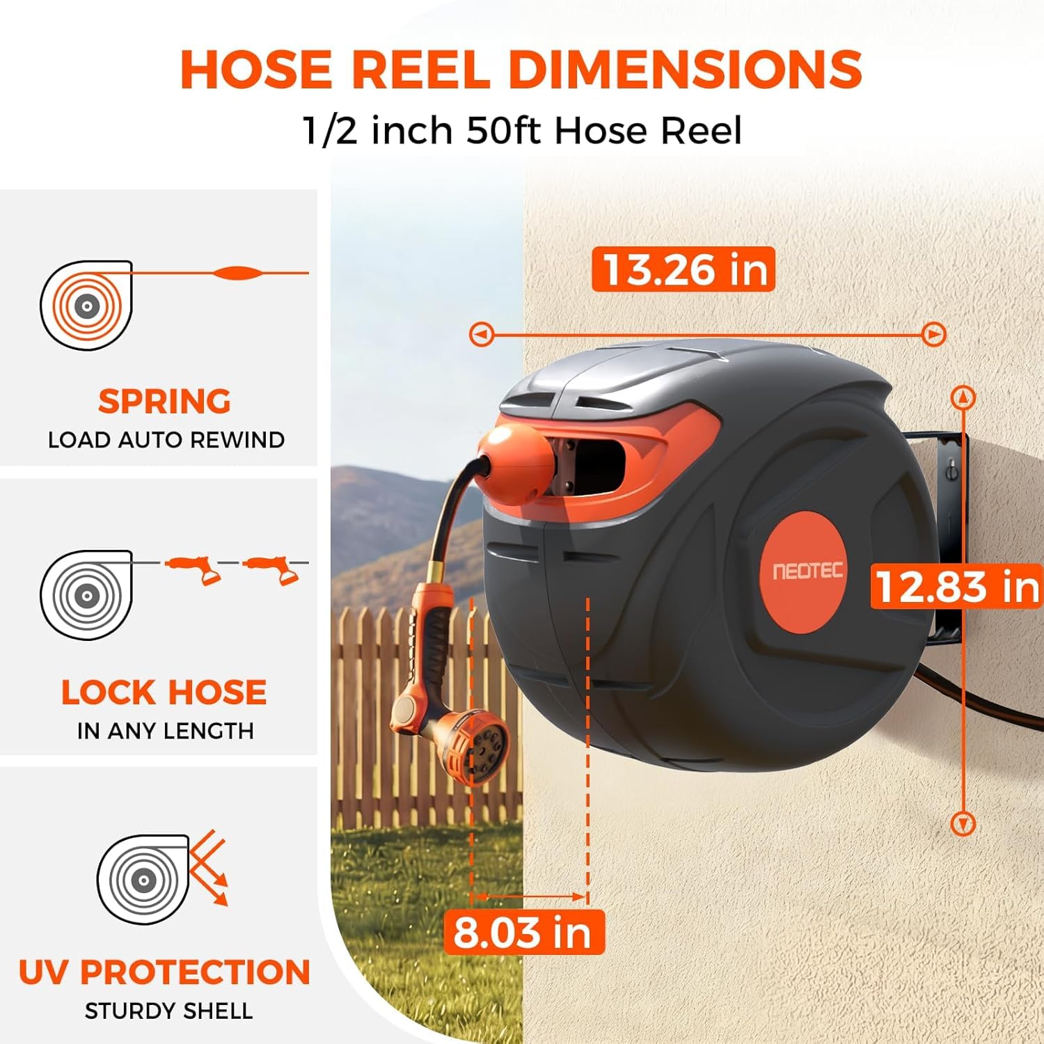 NEO-TEC 50ft 1/2 Inch Retractable Garden Hose Reel, 180° Swivel Wall Mount with 9 Pattern Nozzle G151215