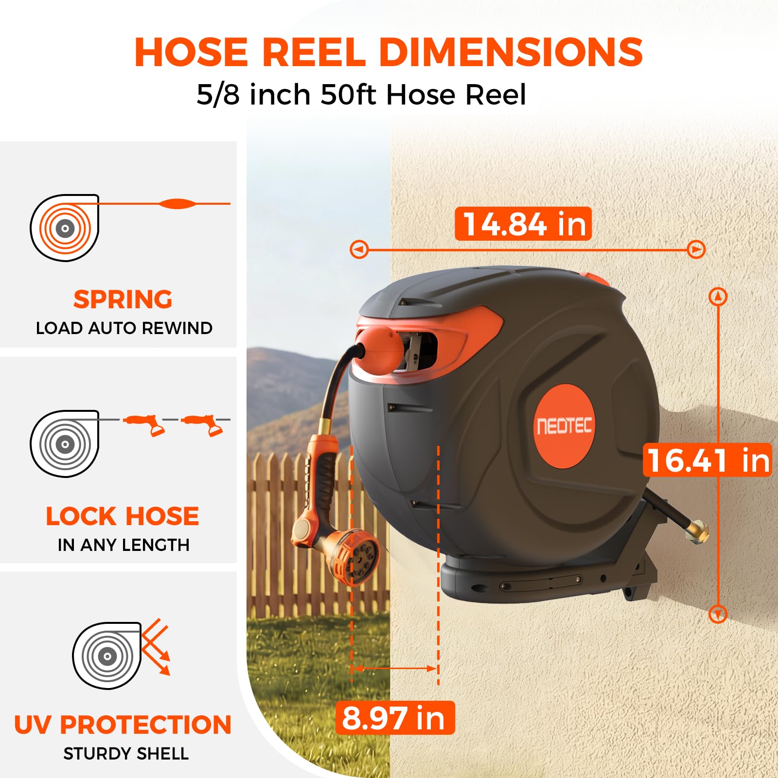 NEOTEC 50ft 5/8 Inch Retractable Garden Hose Reel, Heavy Duty UV Resistant Wall Mount G255815