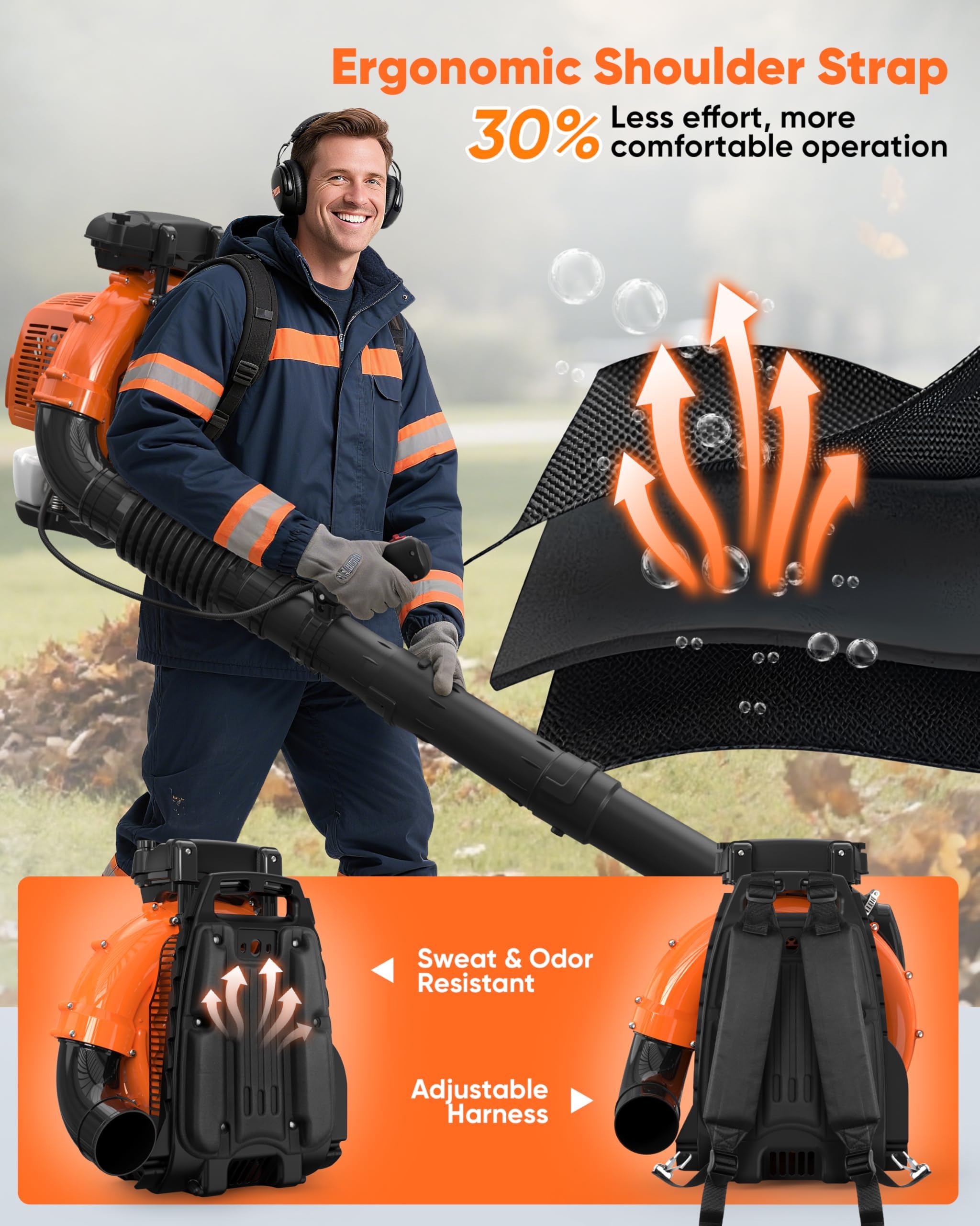 NEO-TEC 75.6CC Gas Backpack Leaf Blower 847CFM 236MPH 2-Cycle Powerful with Low Vibration Ergonomic Harness System