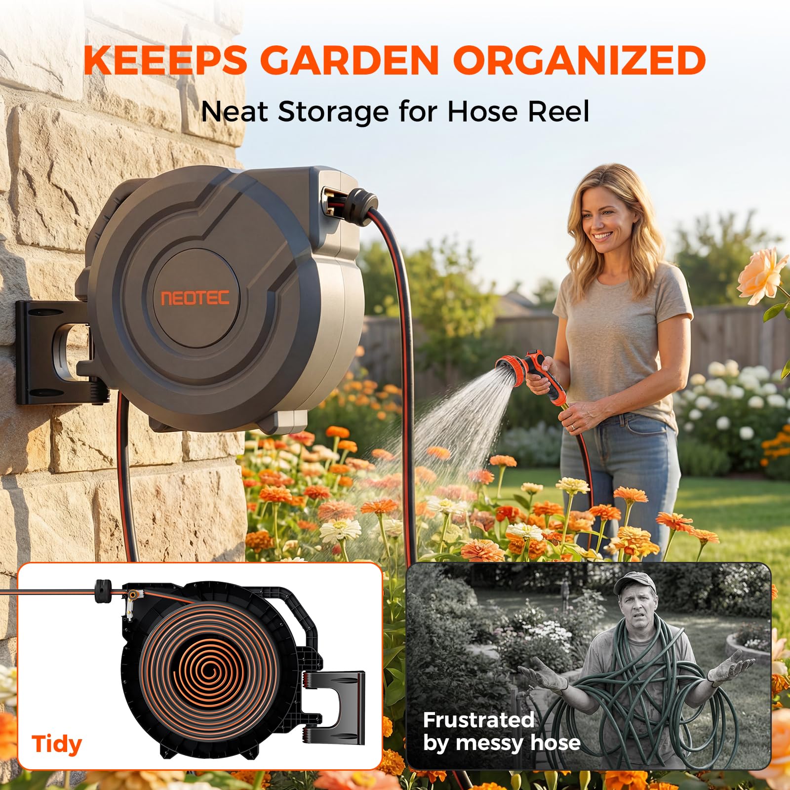 NEOTEC Retractable Garden Hose Reel 115ft 5/8 Inch Wall Mount 180° Swivel with 9 Sprayer Nozzle G505835