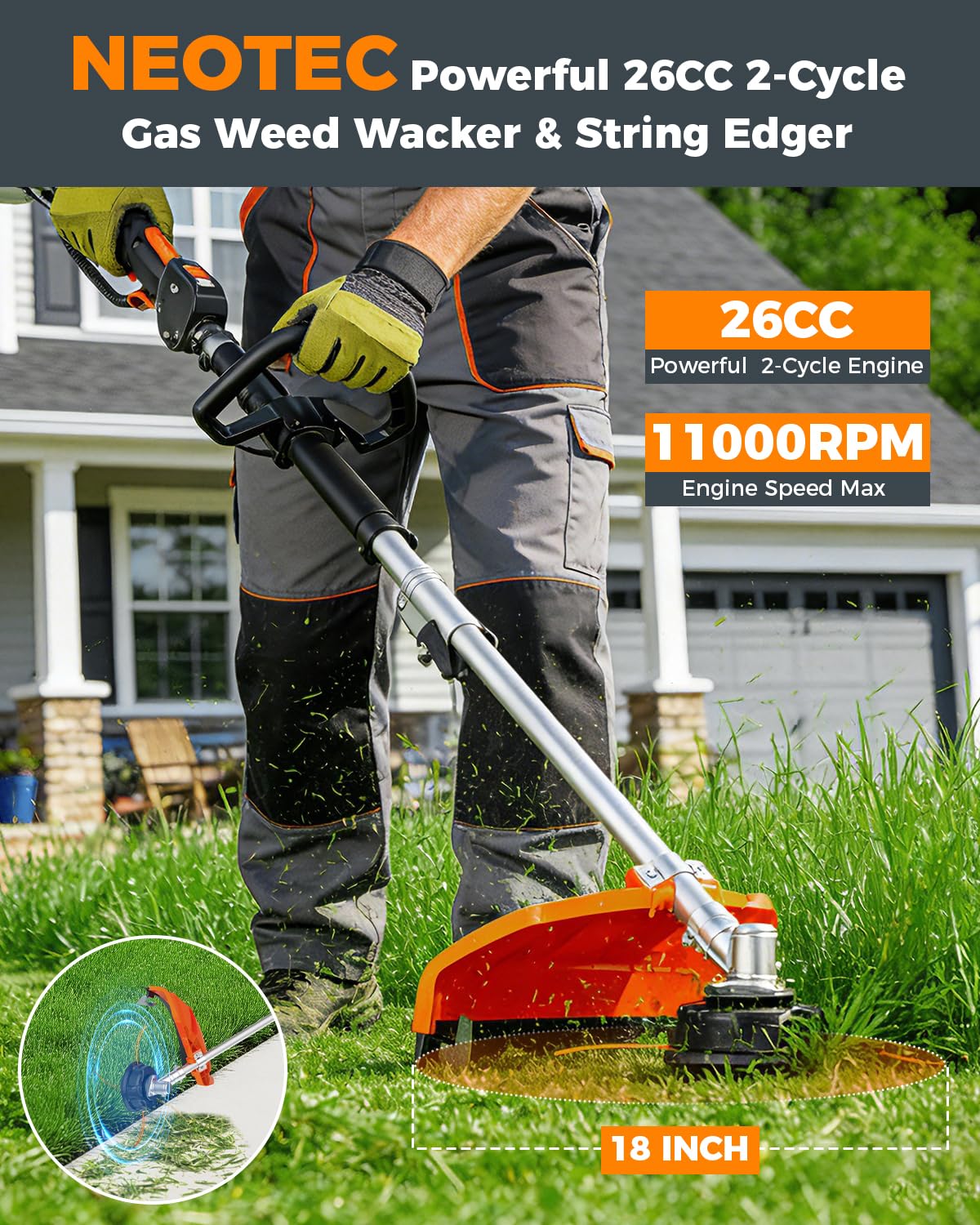 NEOTEC 26cc 4 in 1 Multi Functional Trimming Tools, Gas Powered Hedge Trimmer,Lawn Edger, String Trimmer, Brush Cutter BC260E-XJ
