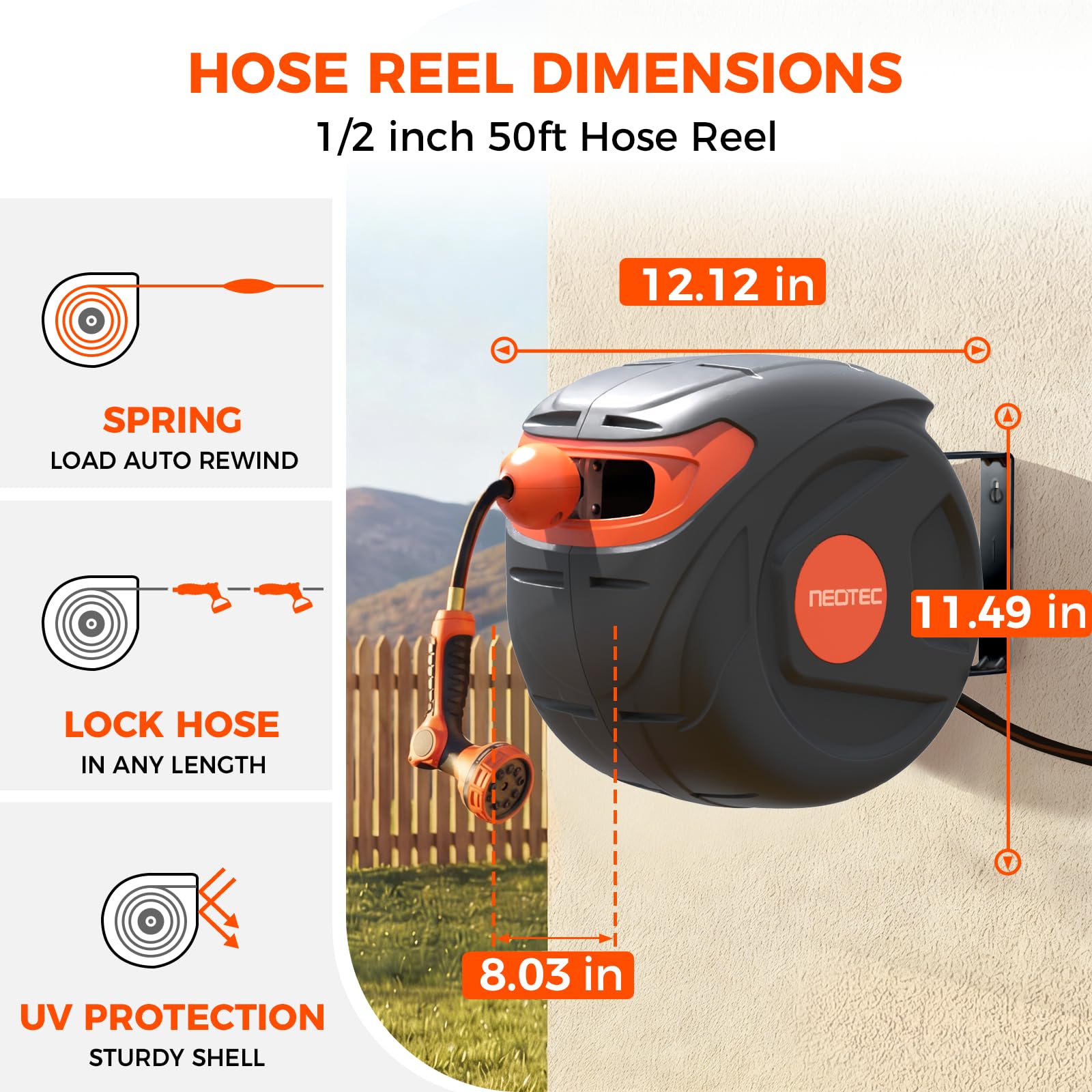 NEO-TEC 33ft 1/2 Inch Retractable Garden Hose Reel Wall Mount 9 Pattern Nozzle G101210