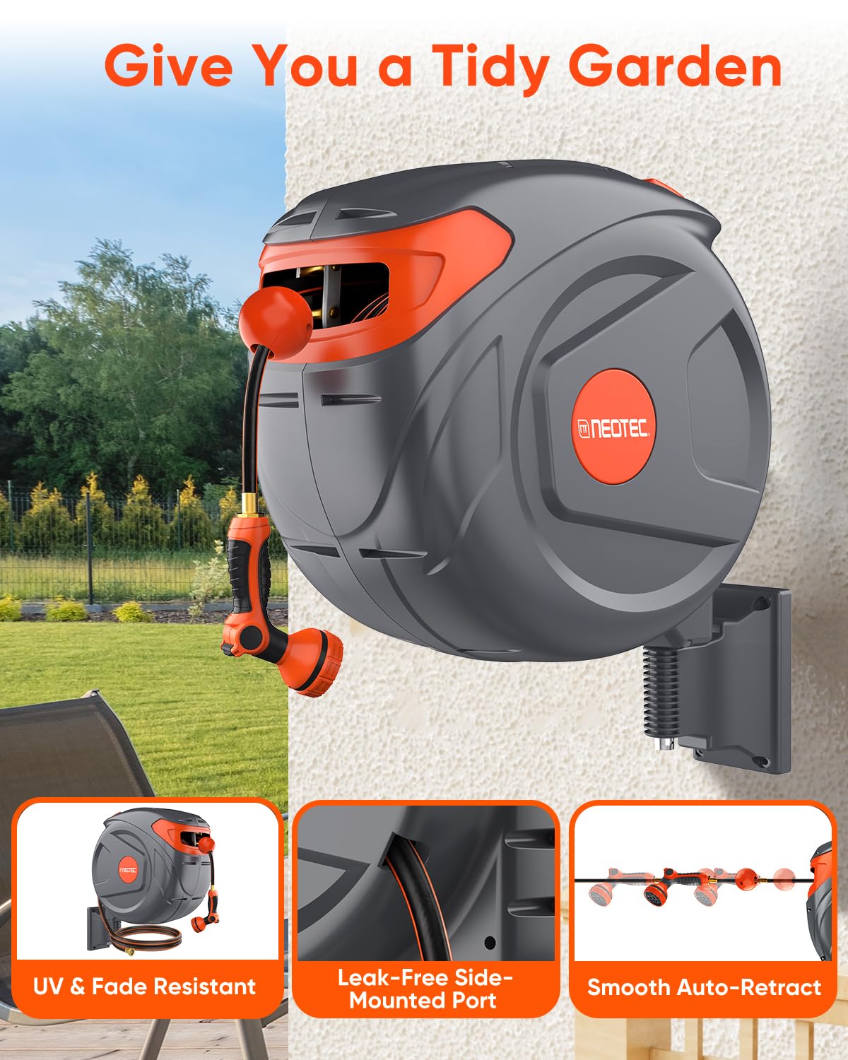 [Final Price $80] NEOTEC Retractable 1/2" x 100ft Garden Hose Reel - Wall Mounted, Auto Rewind, Brass Fittings & 9-Pattern Nozzle G30A1230