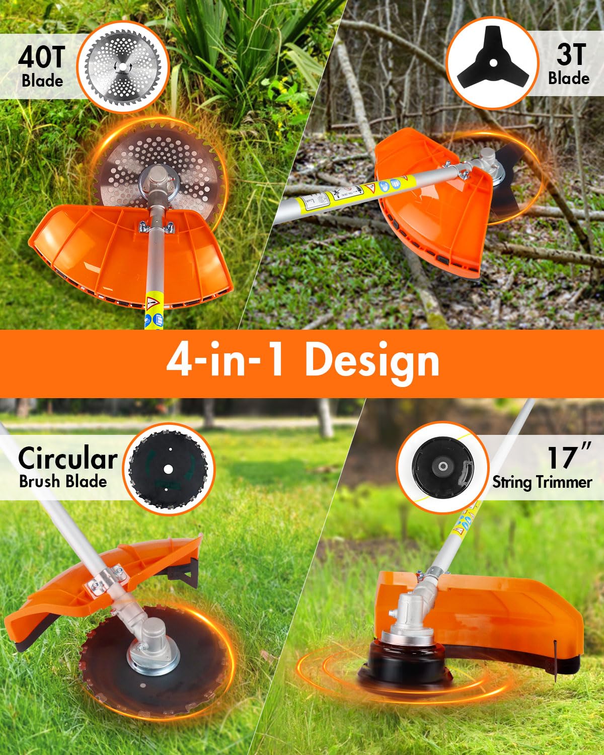 NEO-TEC 31cc 4-Cycle Gas Weed Wacker 4 in 1 String Trimmer/Edger 17'' with 10'' Brush Cutter x3 Rubber U-Handle & Shoulder Strap GX35NT