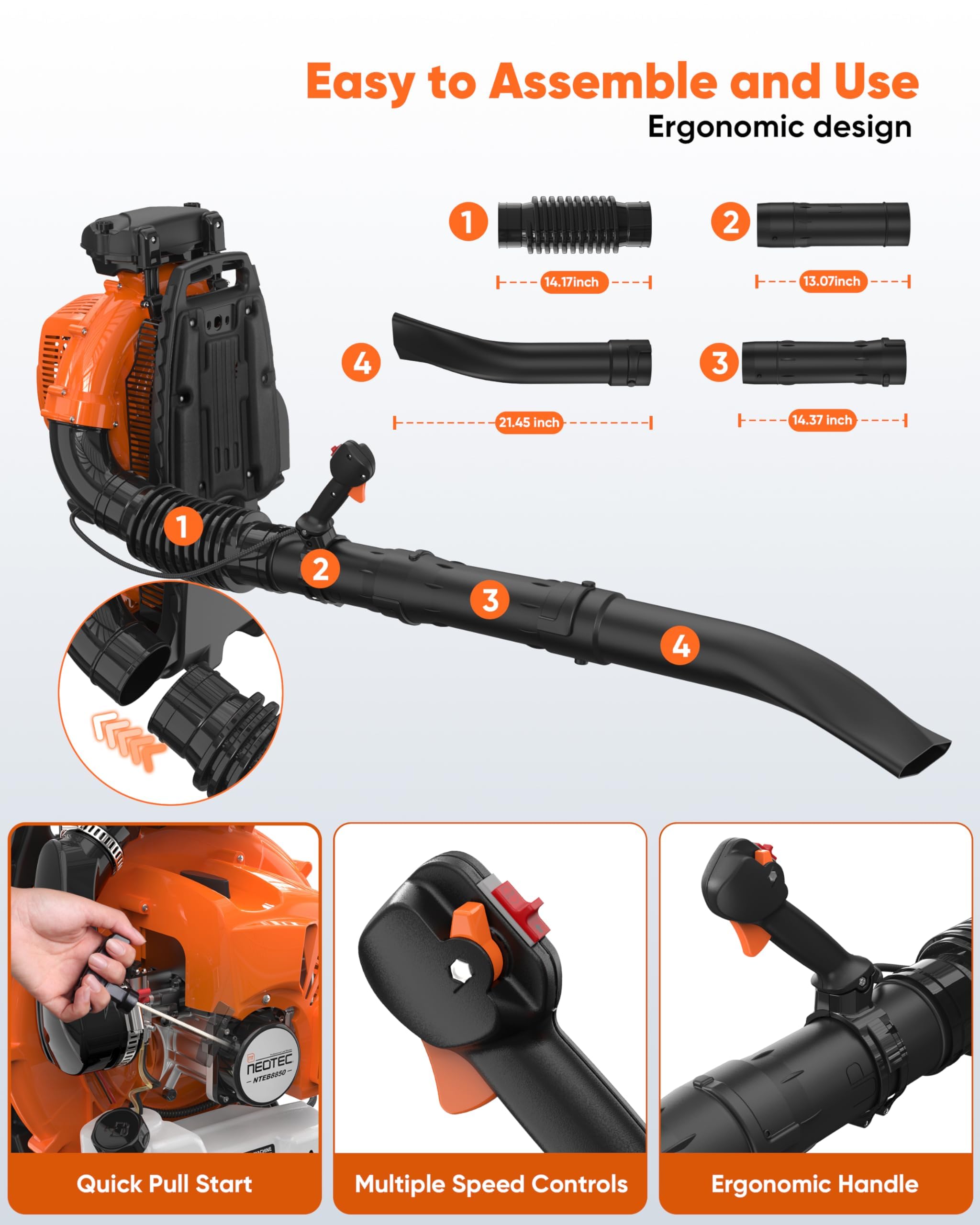 NEO-TEC 75.6CC Gas Backpack Leaf Blower 847CFM 236MPH 2-Cycle Powerful with Low Vibration Ergonomic Harness System