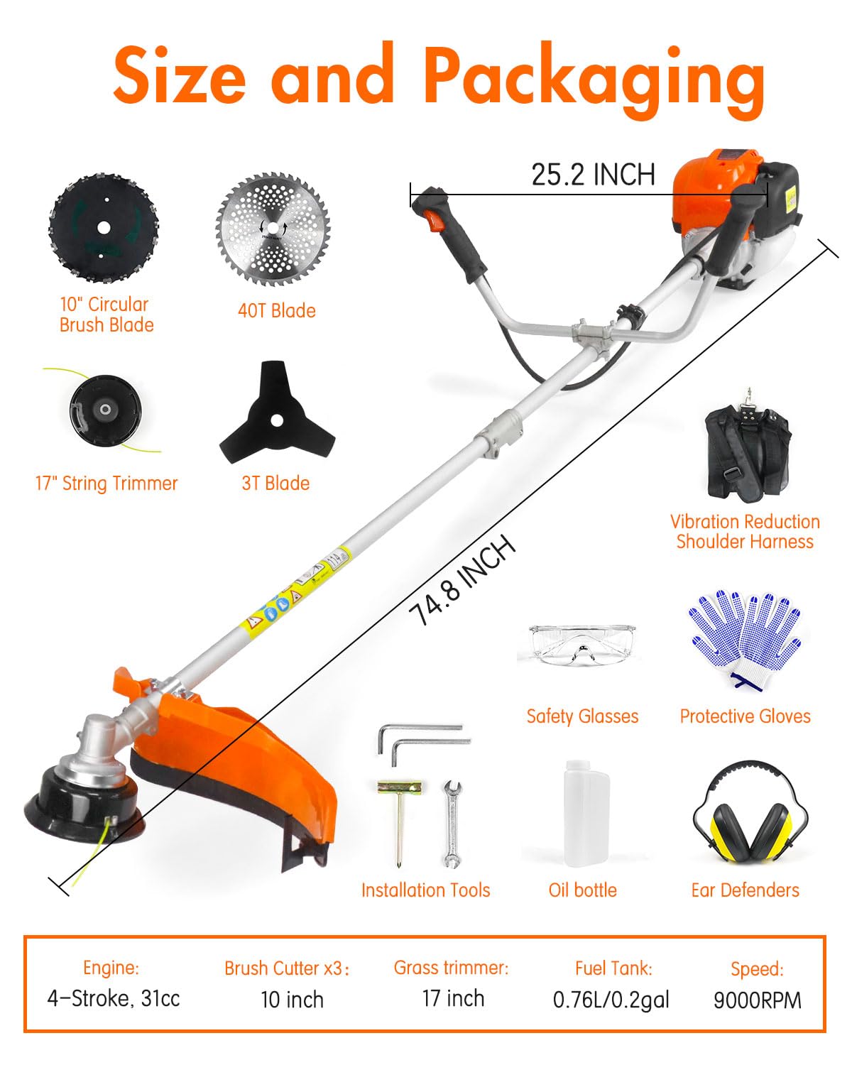 NEO-TEC 31cc 4-Cycle Gas Weed Wacker 4 in 1 String Trimmer/Edger 17'' with 10'' Brush Cutter x3 Rubber U-Handle & Shoulder Strap GX35NT