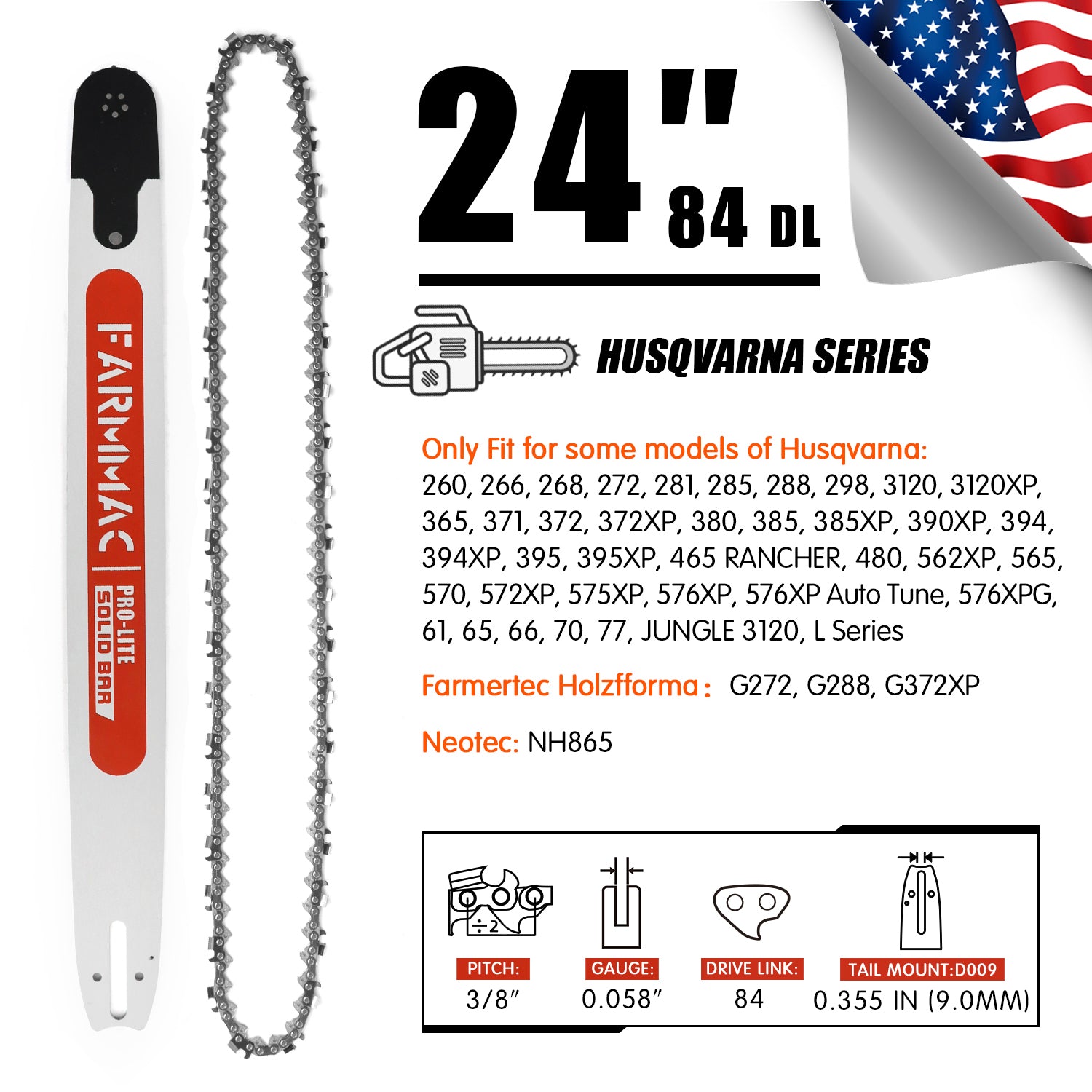 FARMMAC Chainsaw Bar and Chain Combo 3/8 Pitch 0.058 Guage 24 28 36in