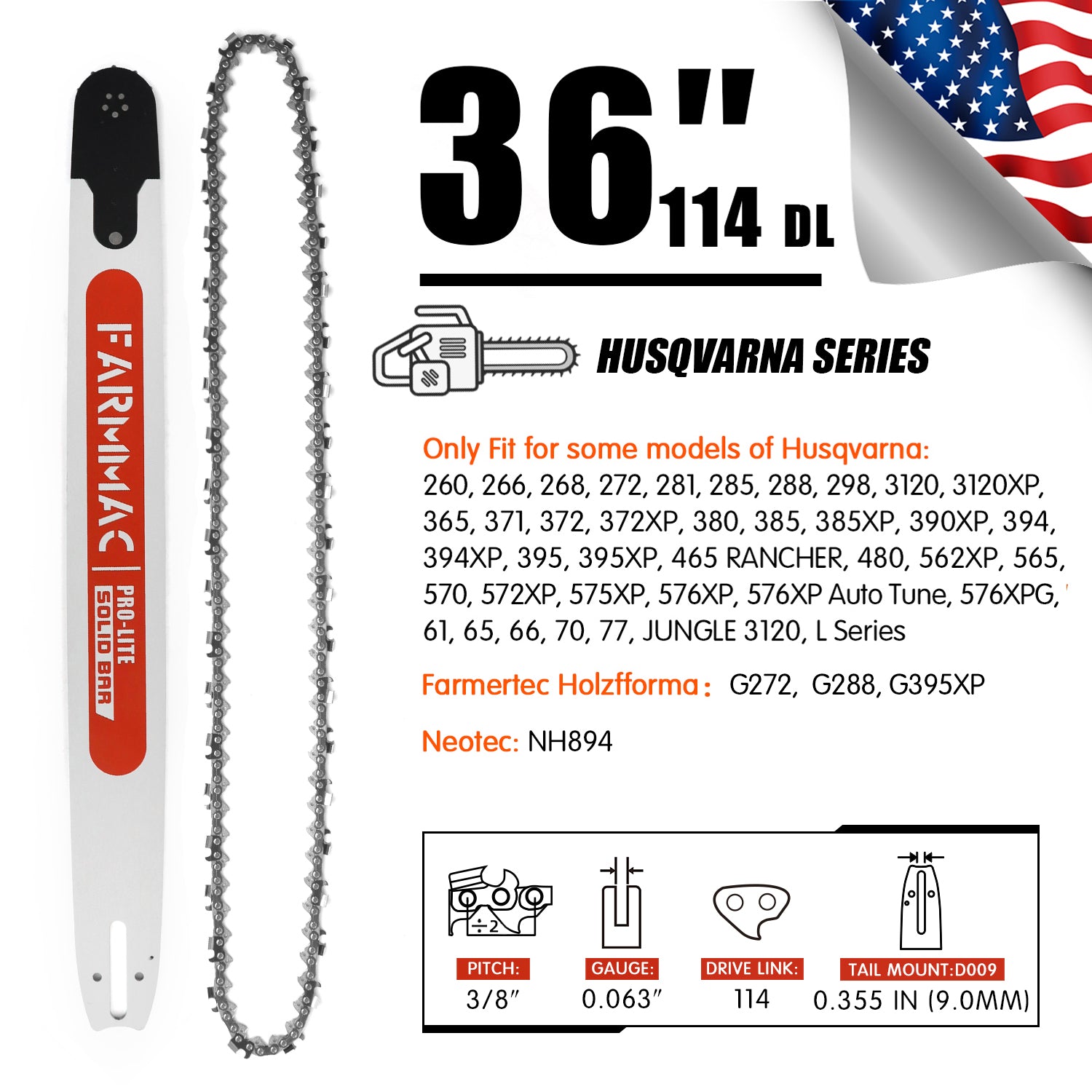FARMMAC Chainsaw Bar and Chain Combo 3/8 Pitch 0.058 Guage 24 28 36in U.S. STOCK - NEOTEC CHAINSAW 