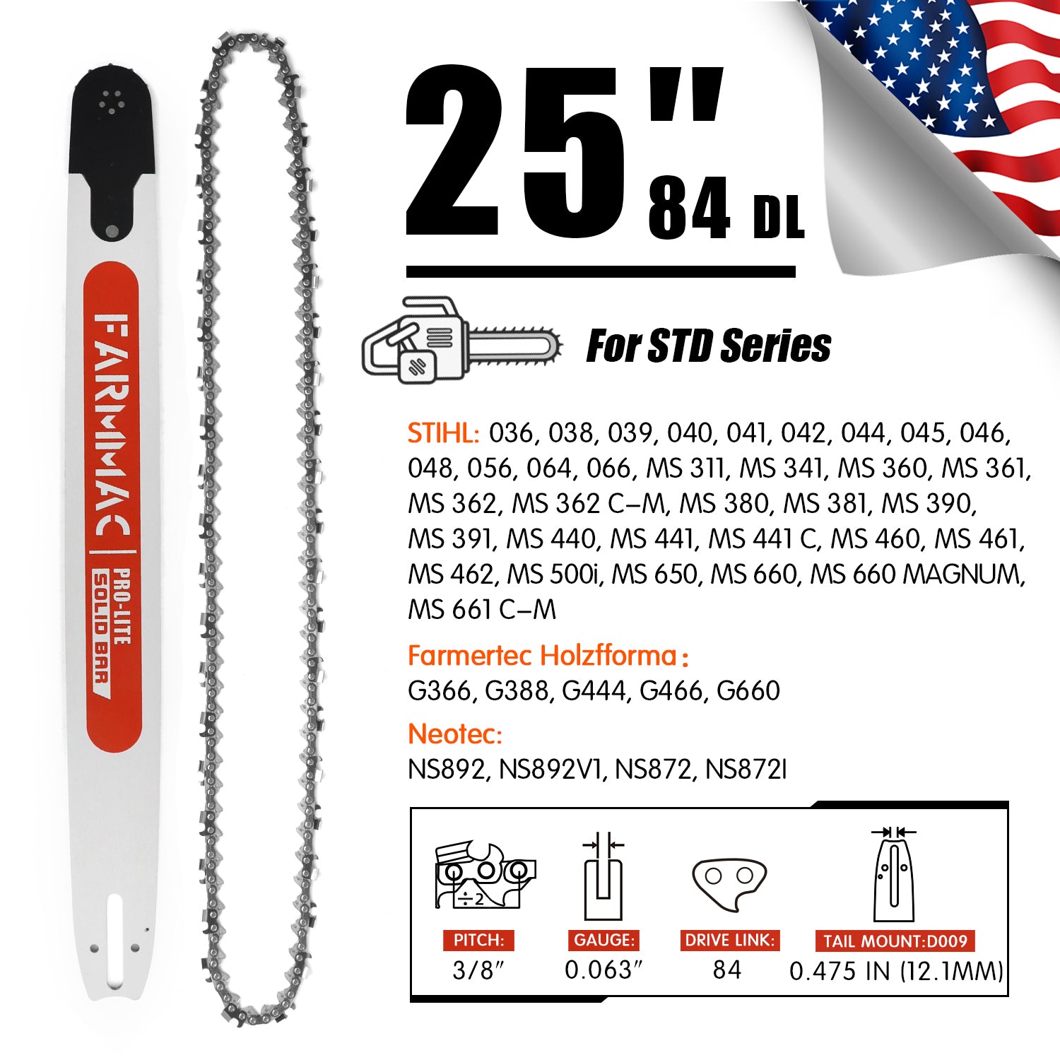 FARMMAC Chainsaw Bar and Chain Combo 3/8 Pitch 0.063 Gauge 25 28 36in U.S. STOCK - NEOTEC CHAINSAW 