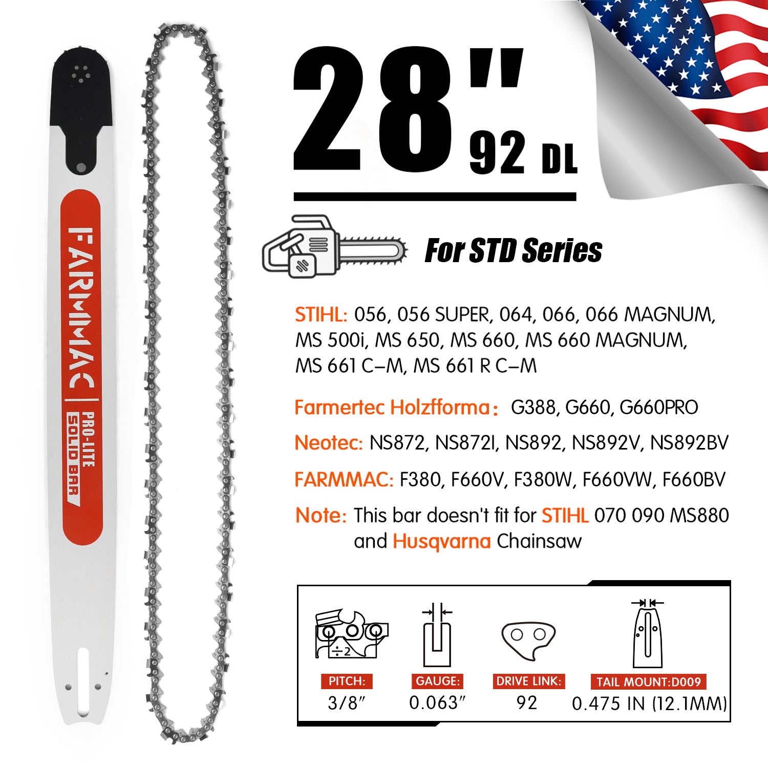 FARMMAC Chainsaw Bar and Chain Combo 3/8 Pitch 0.063 Gauge 25 28 36in U.S. STOCK - NEOTEC CHAINSAW 