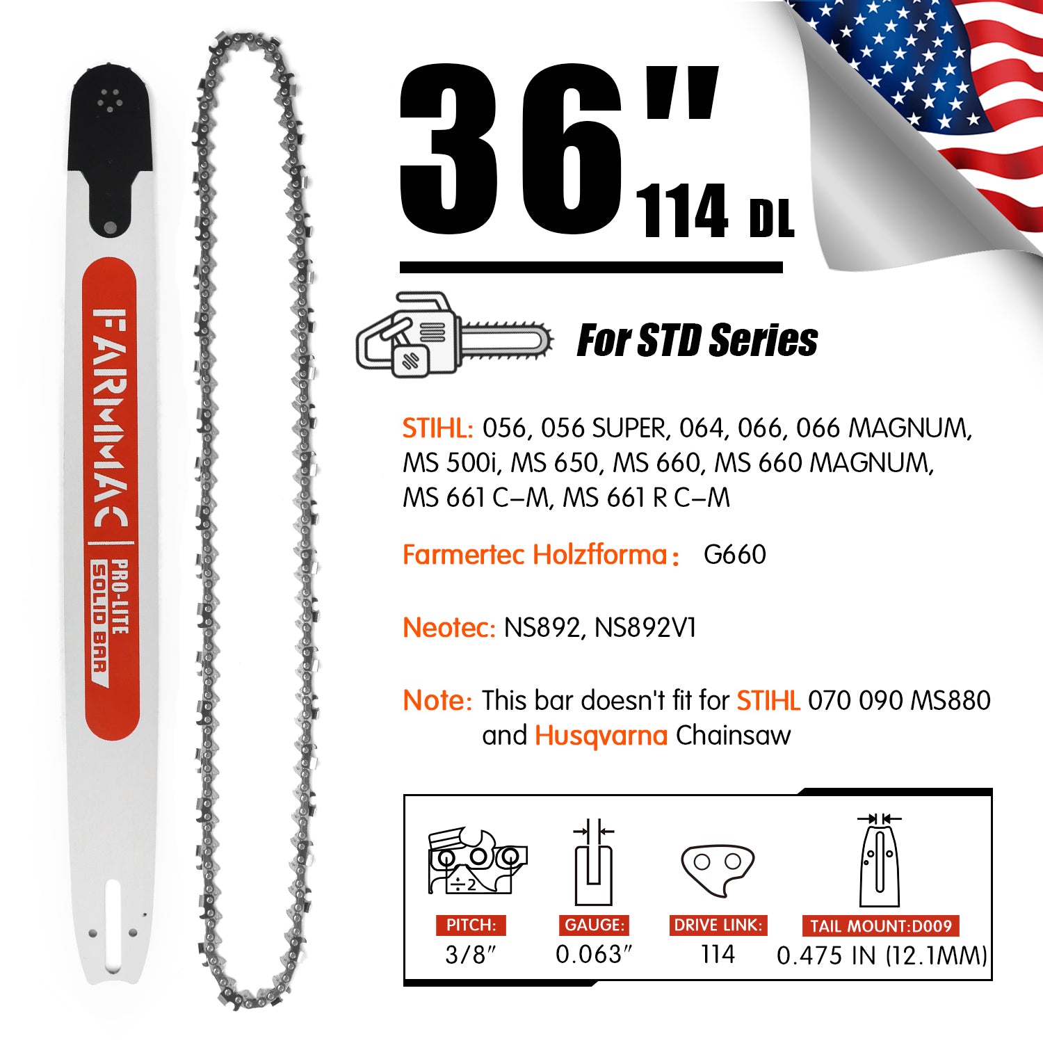 FARMMAC Chainsaw Bar and Chain Combo 3/8 Pitch 0.063 Gauge 25 28 36in U.S. STOCK - NEOTEC CHAINSAW 