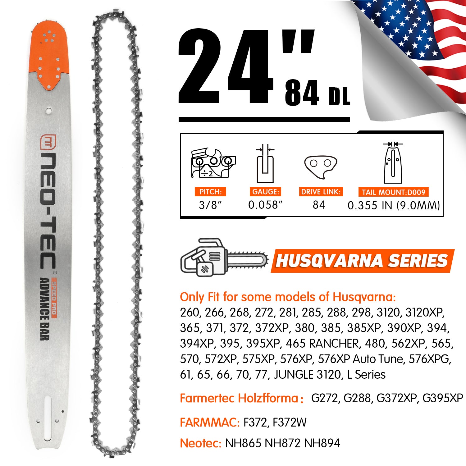 Neotec Chainsaw Bar and Chain Combo 3/8 Pitch 0.058 Gague 28 24 inch U.S. STOCK - NEOTEC CHAINSAW 