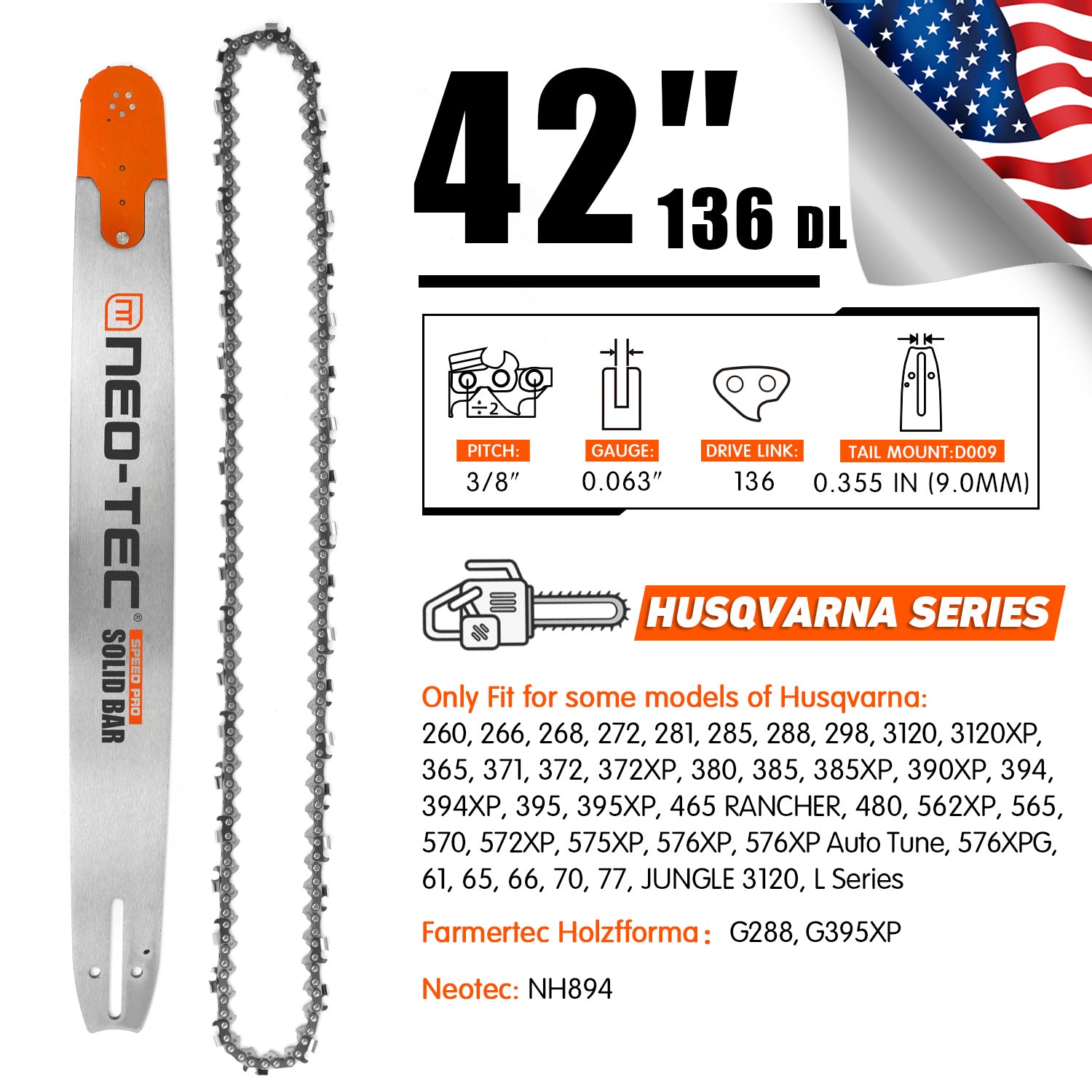 Laser-Cut 24"-42" Chainsaw Guide Bar with .058 & .063 Gauge Chains NEOTEC