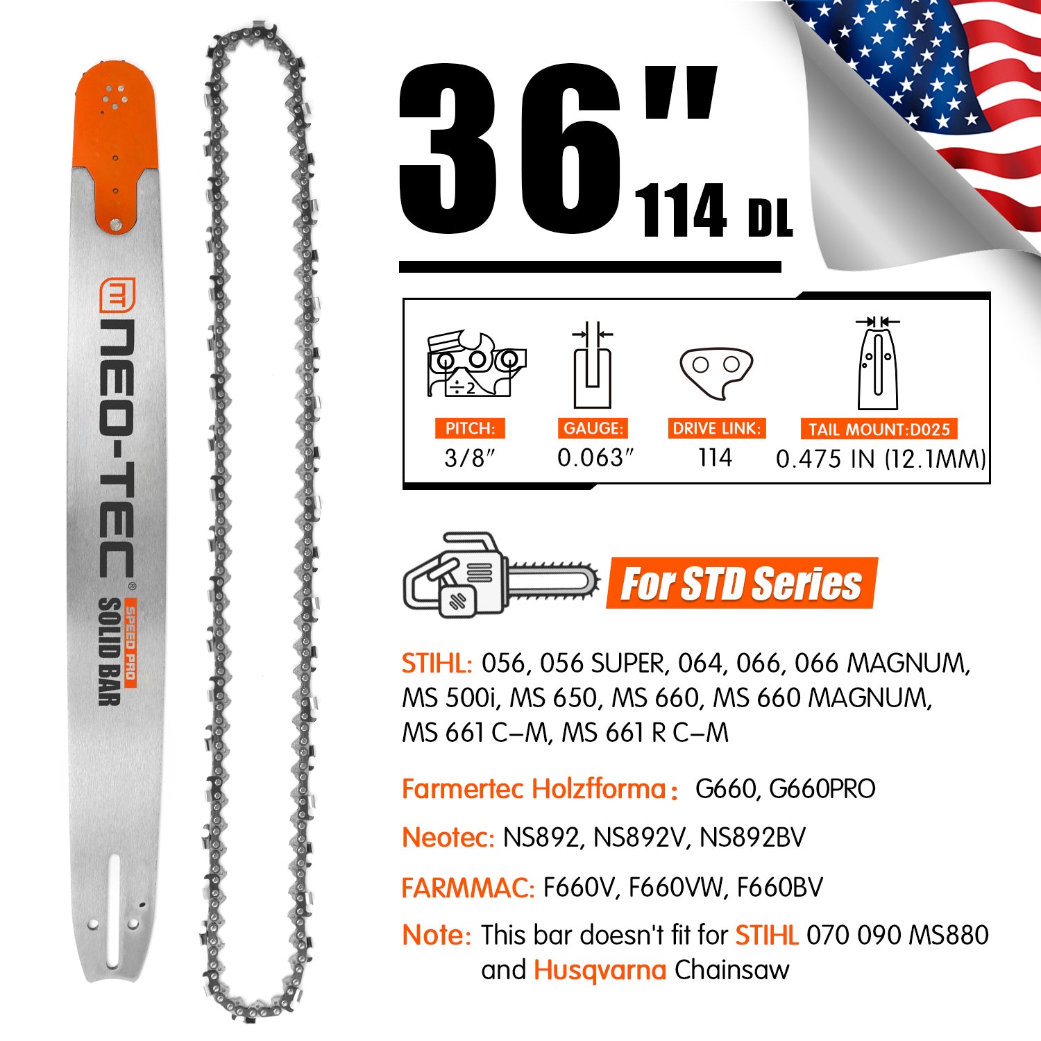 Neotec Chainsaw Bar and Chain Combo 3/8 Pitch 0.063 Gague 25/28/36/42in U.S. STOCK - NEOTEC CHAINSAW 